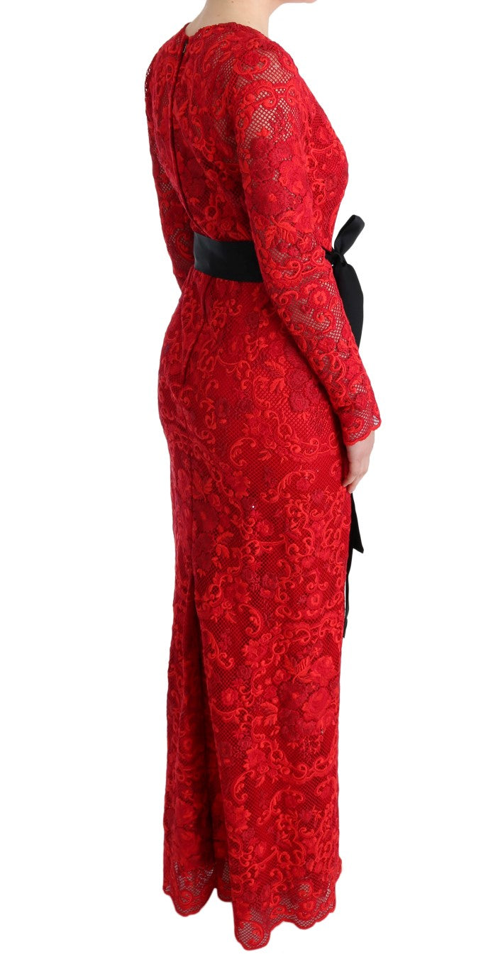 Elegant Red Sheath Dress with Silk Bow Belt - ventzia