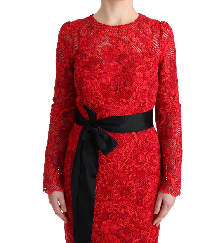 Elegant Red Sheath Dress with Silk Bow Belt - ventzia