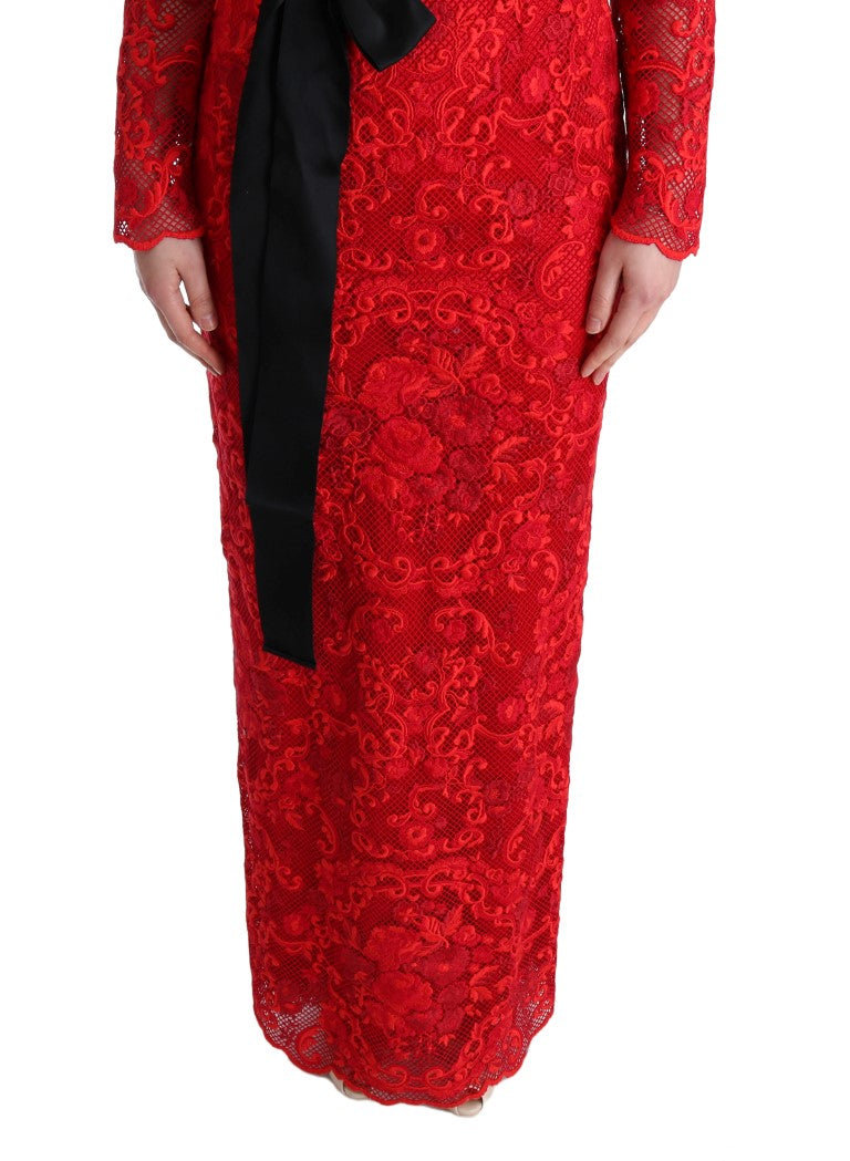 Elegant Red Sheath Dress with Silk Bow Belt - ventzia