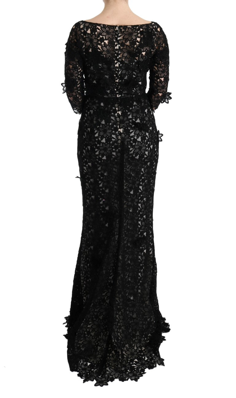 Elegant Black Maxi Shift Dress with Floral Applique - ventzia