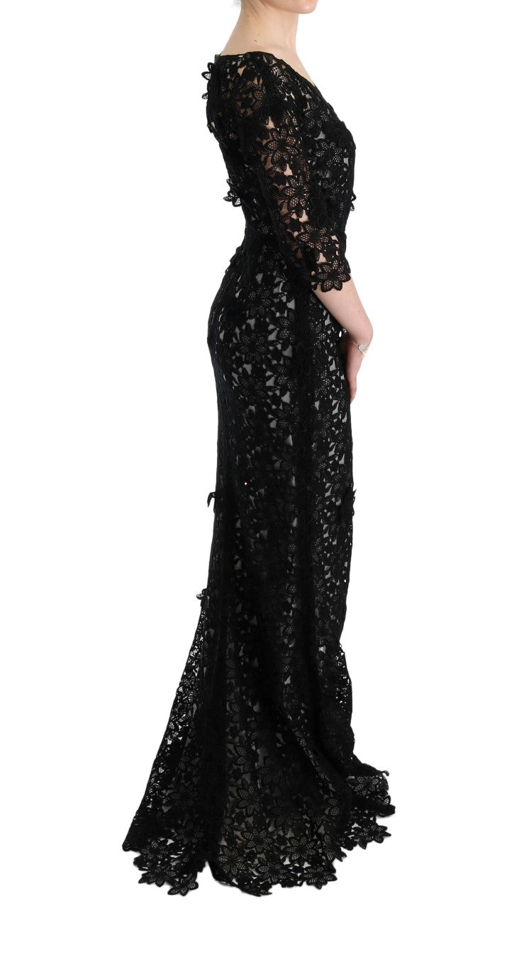 Elegant Black Maxi Shift Dress with Floral Applique - ventzia