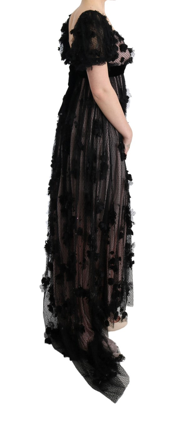 Elegant Floral Applique Full Length Dress - ventzia