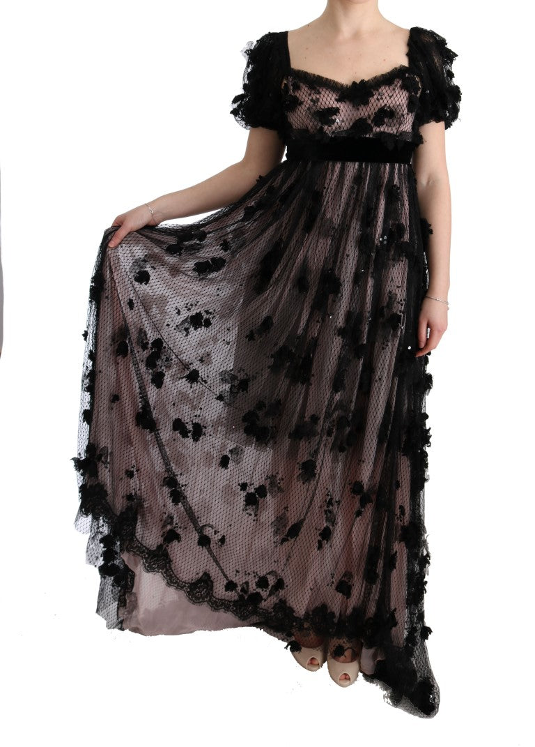 Elegant Floral Applique Full Length Dress - ventzia