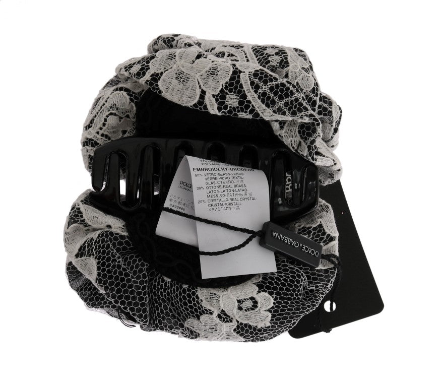Elegant Black & White Floral Lace Crystal Hair Claw - ventzia