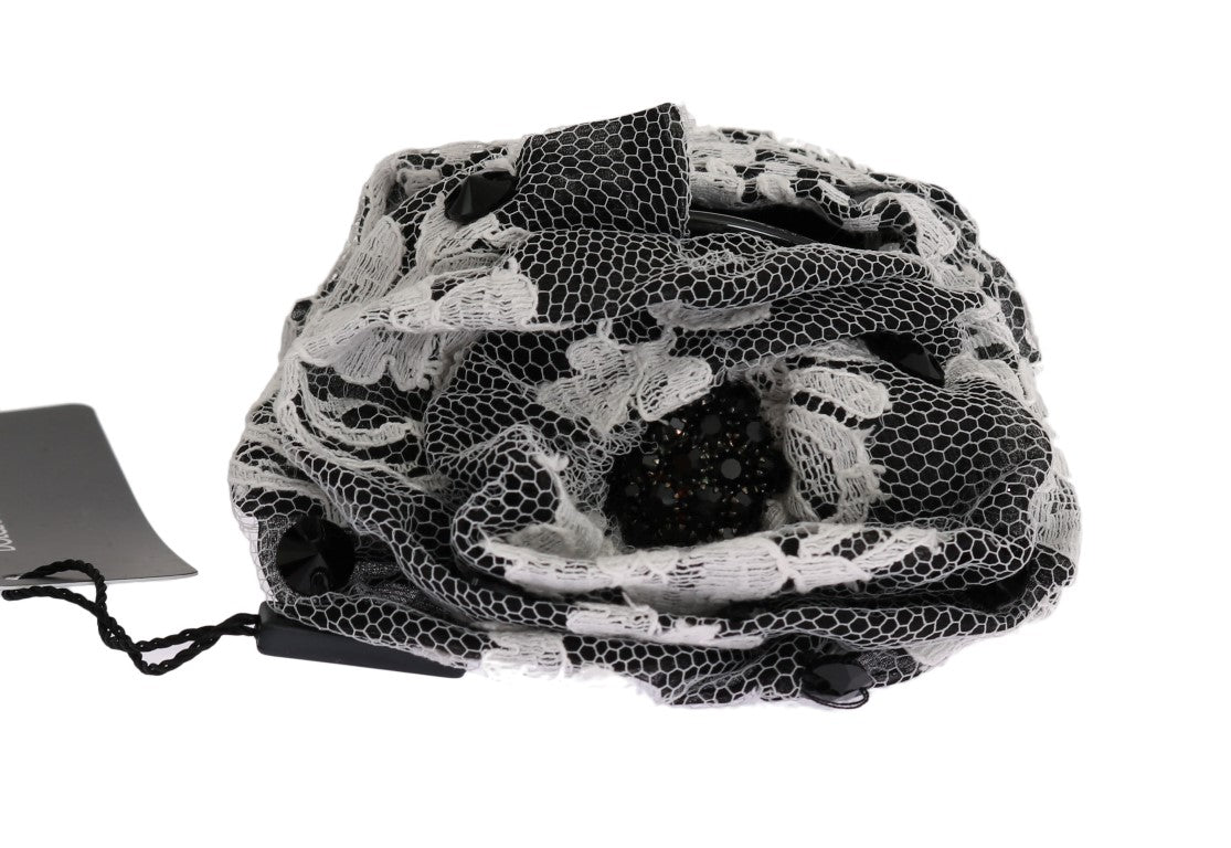 Elegant Black & White Floral Lace Crystal Hair Claw - ventzia
