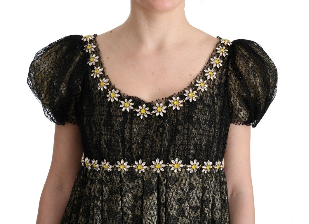 Sunflower Lace Crystal Maxi Shift Dress - ventzia