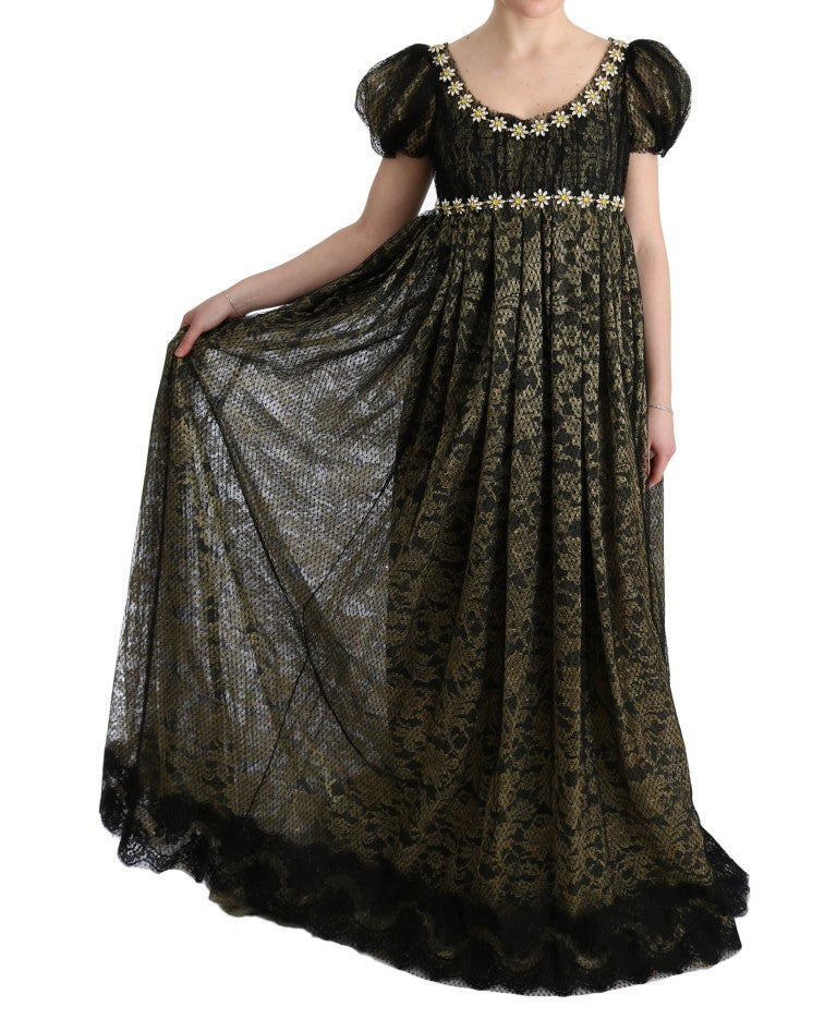Sunflower Lace Crystal Maxi Shift Dress - ventzia