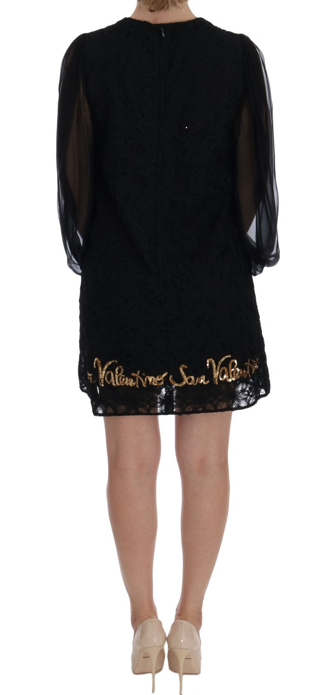 Black Lace Sequined Shift Dress - ventzia