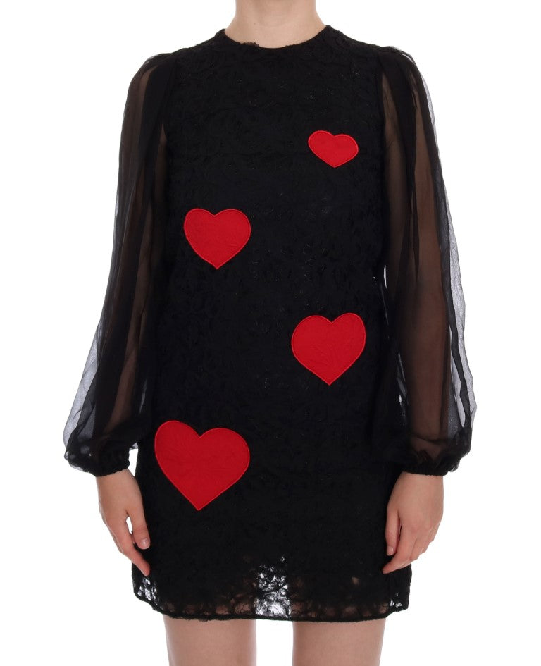 Elegant Black Lace Heart Applique Shift Dress - ventzia