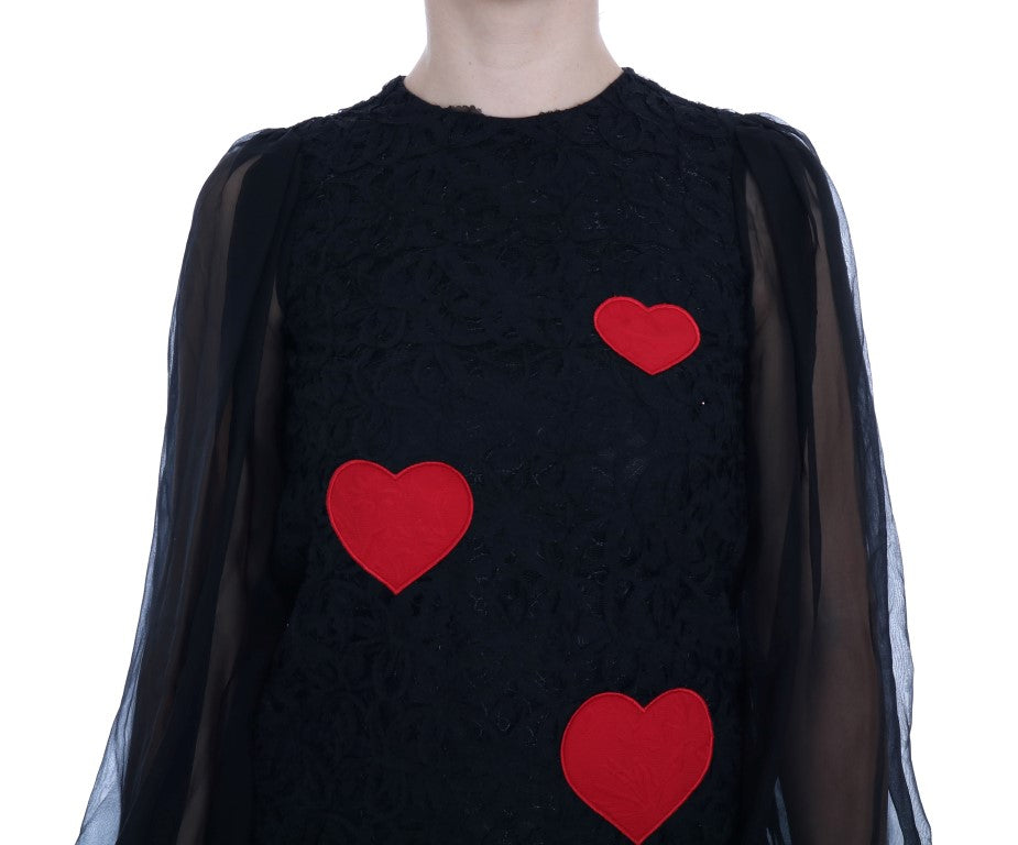Elegant Black Lace Heart Applique Shift Dress - ventzia
