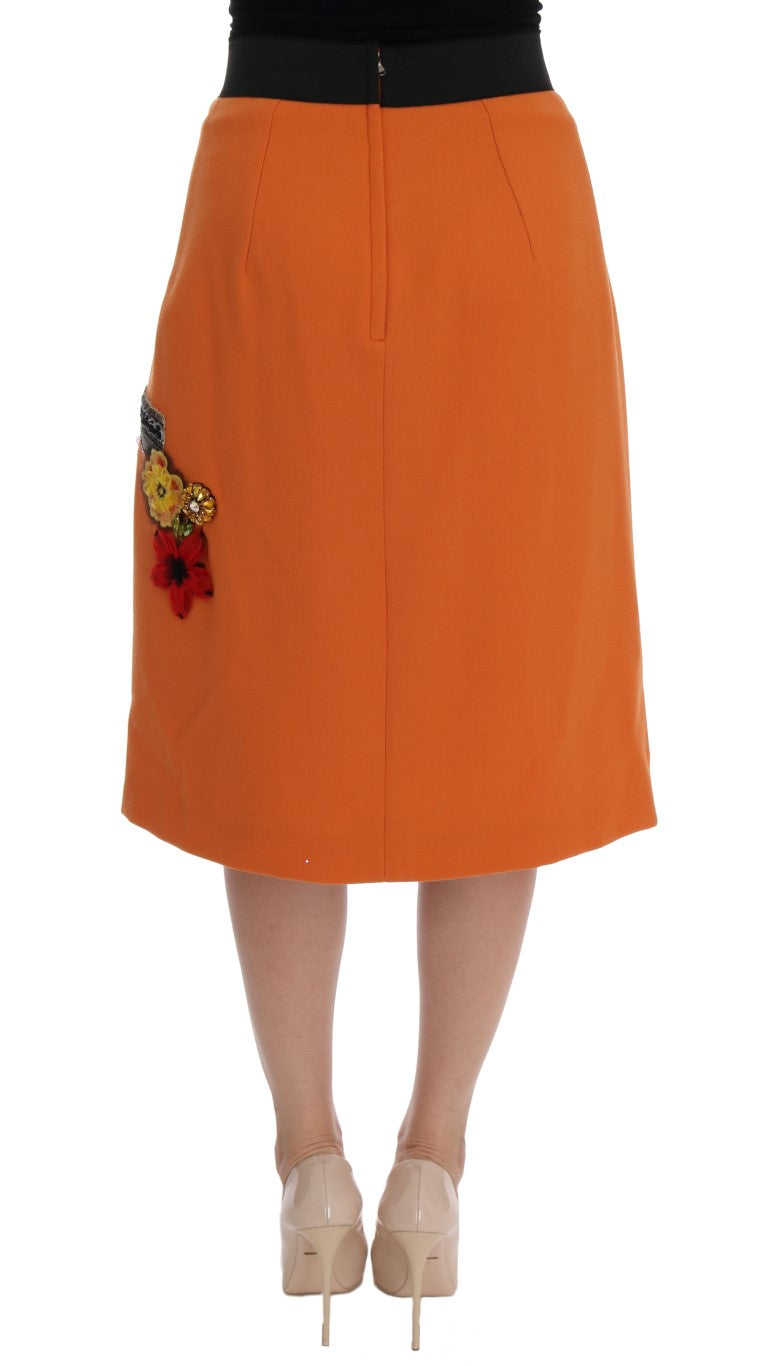 Embellished Wool Skirt in Vivid Orange - ventzia