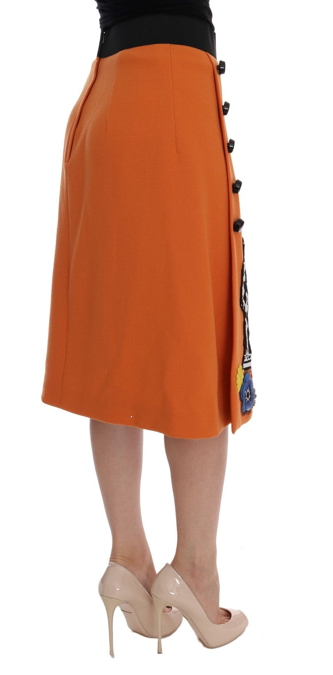 Embellished Wool Skirt in Vivid Orange - ventzia