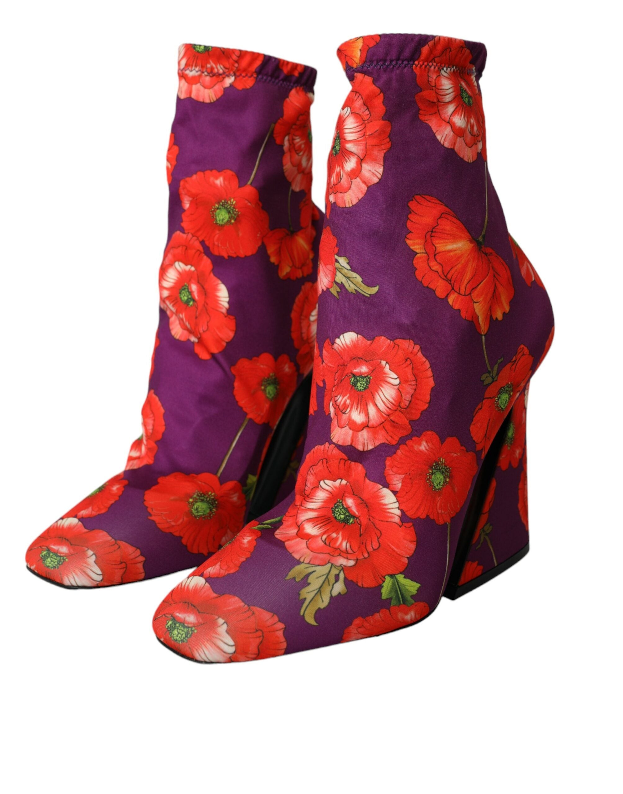 Purple Floral Jersey Stretch Boots Shoes - ventzia