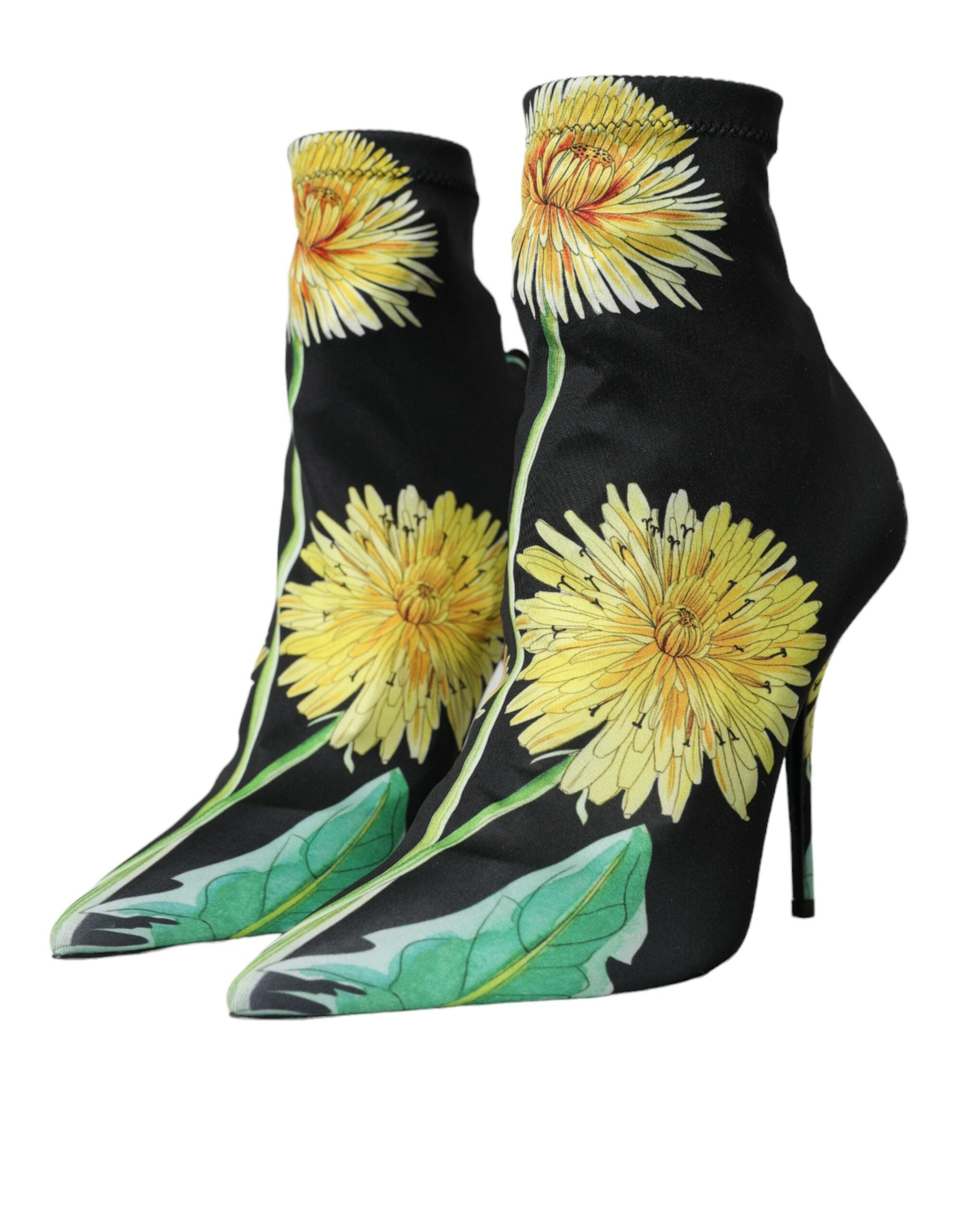 Black Floral Jersey Stretch Ankle Boots Shoes - ventzia