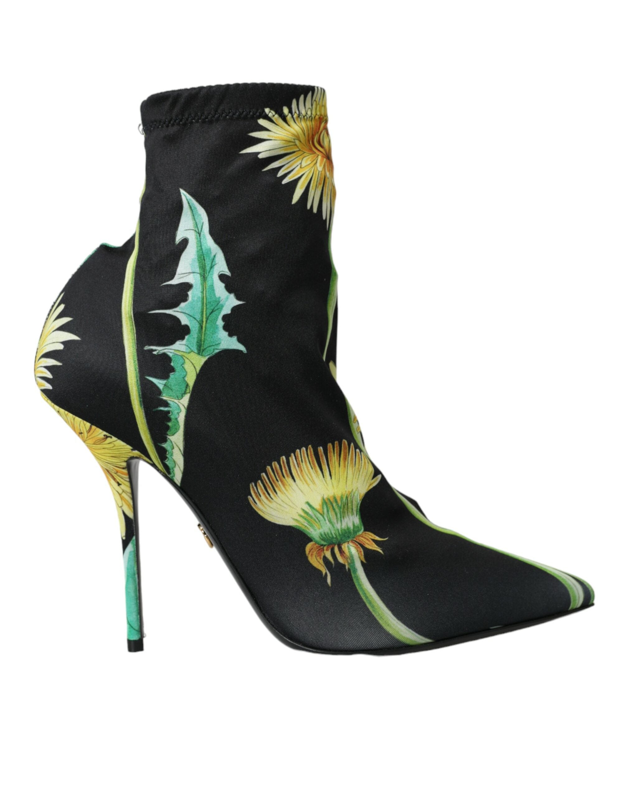 Black Floral Jersey Stretch Ankle Boots Shoes - ventzia