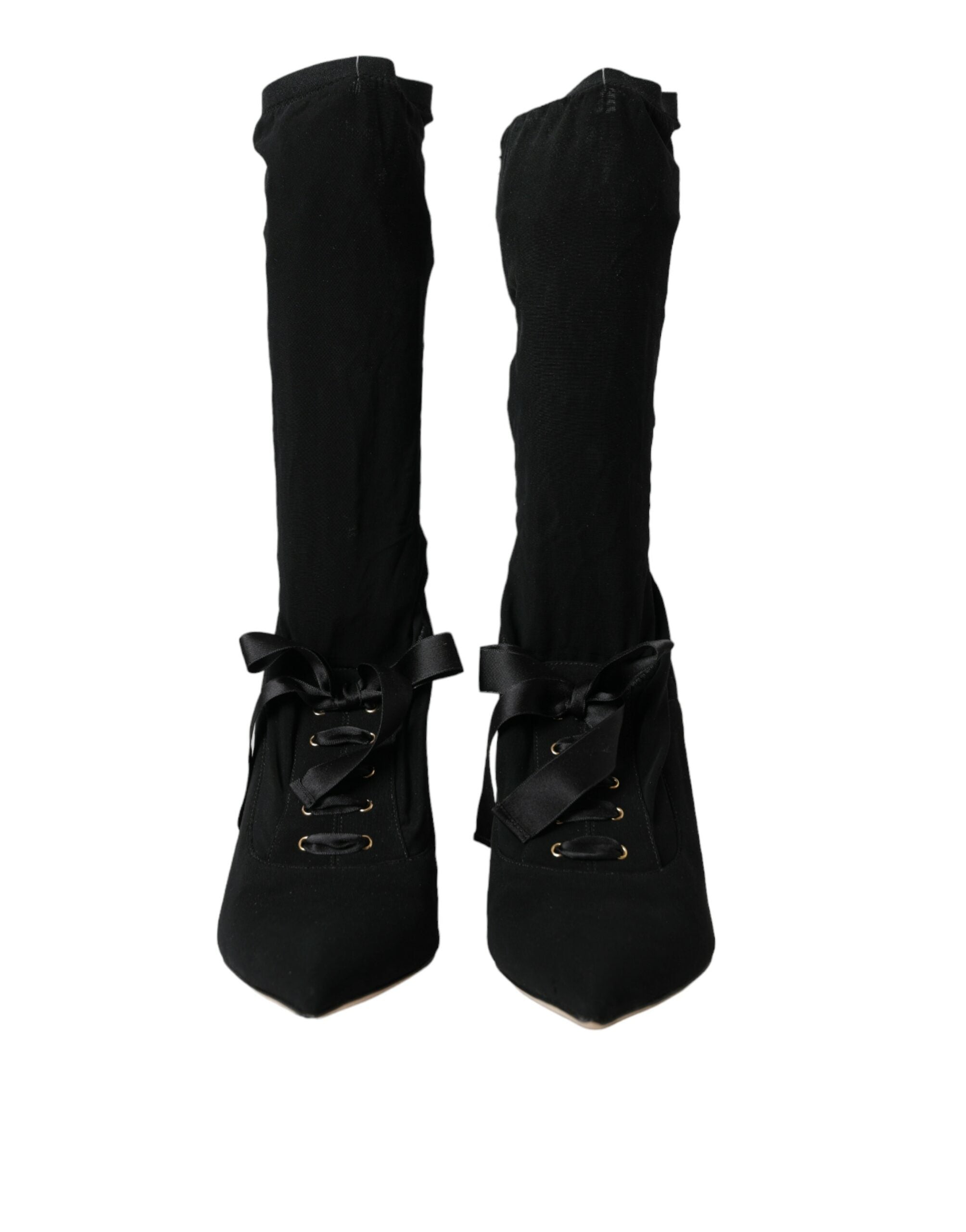 Black Stiletto Heels Mid Calf Boots Shoes - ventzia