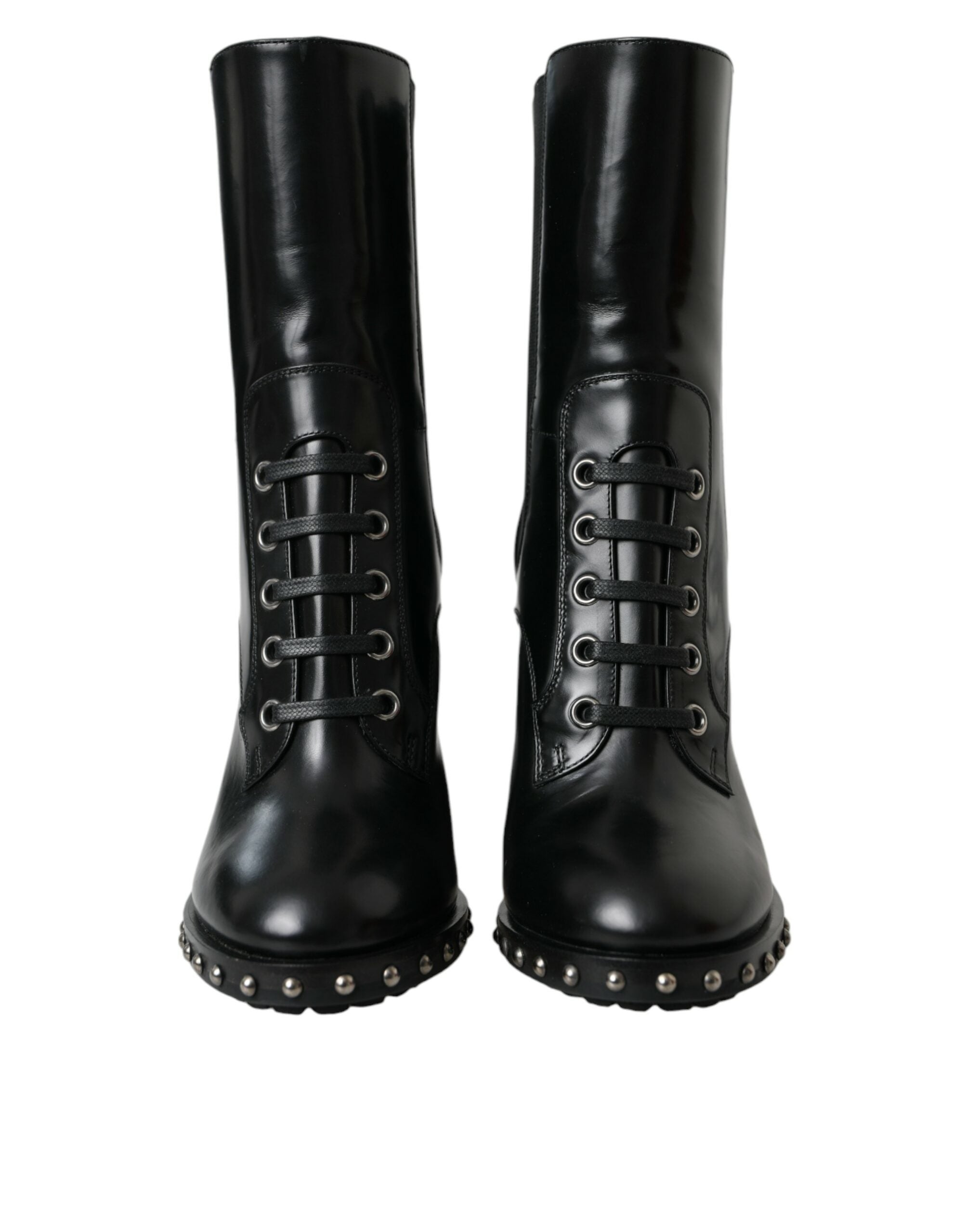 Black Leather Studded Lace Up Boots Shoes - ventzia