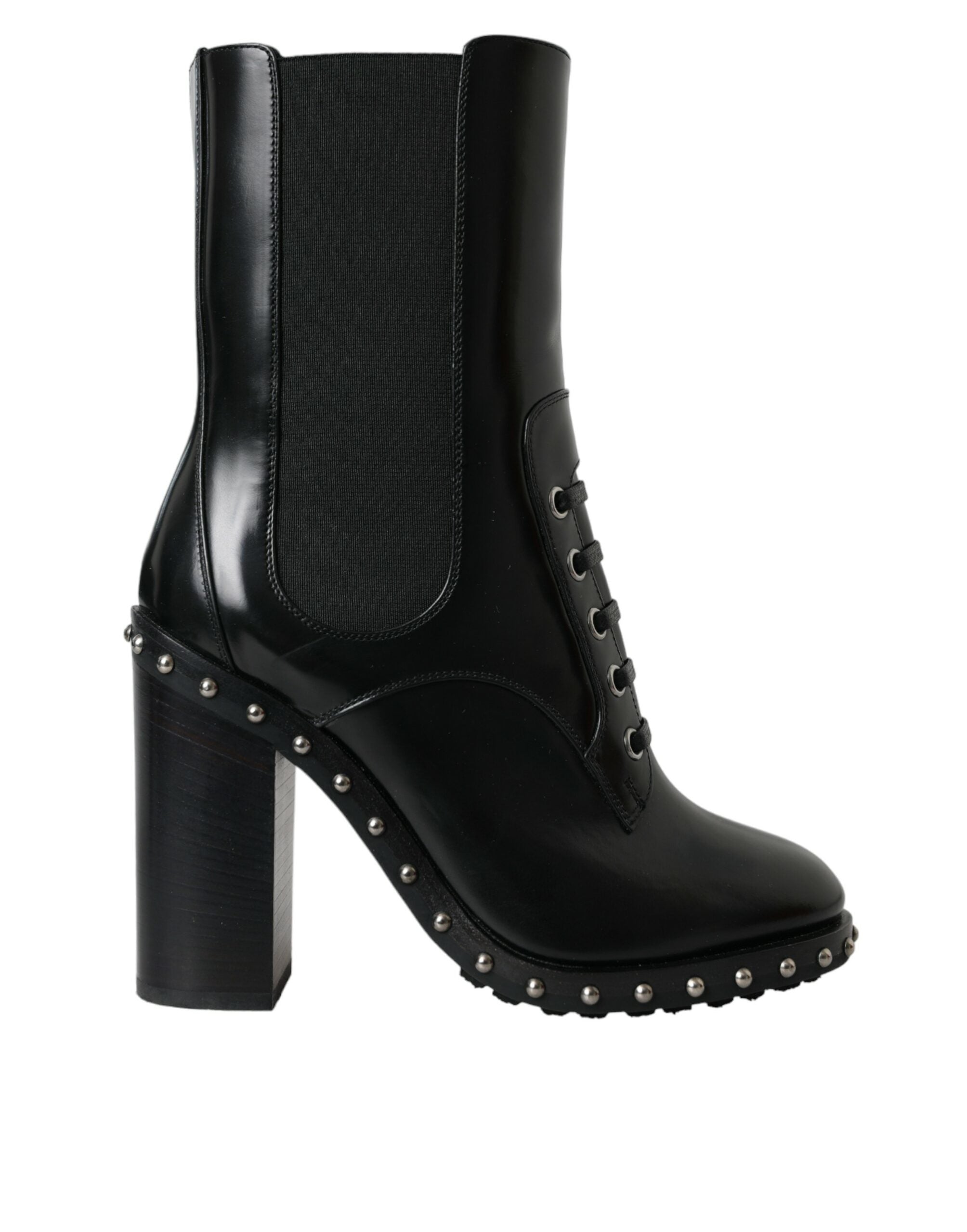 Black Leather Studded Lace Up Boots Shoes - ventzia