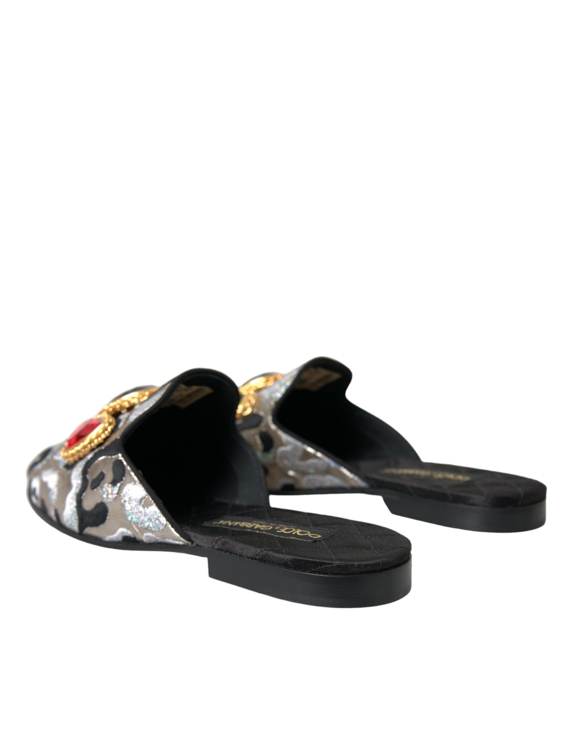 Gray Jacquard Crystal Mule Flat Sandals Shoes - ventzia