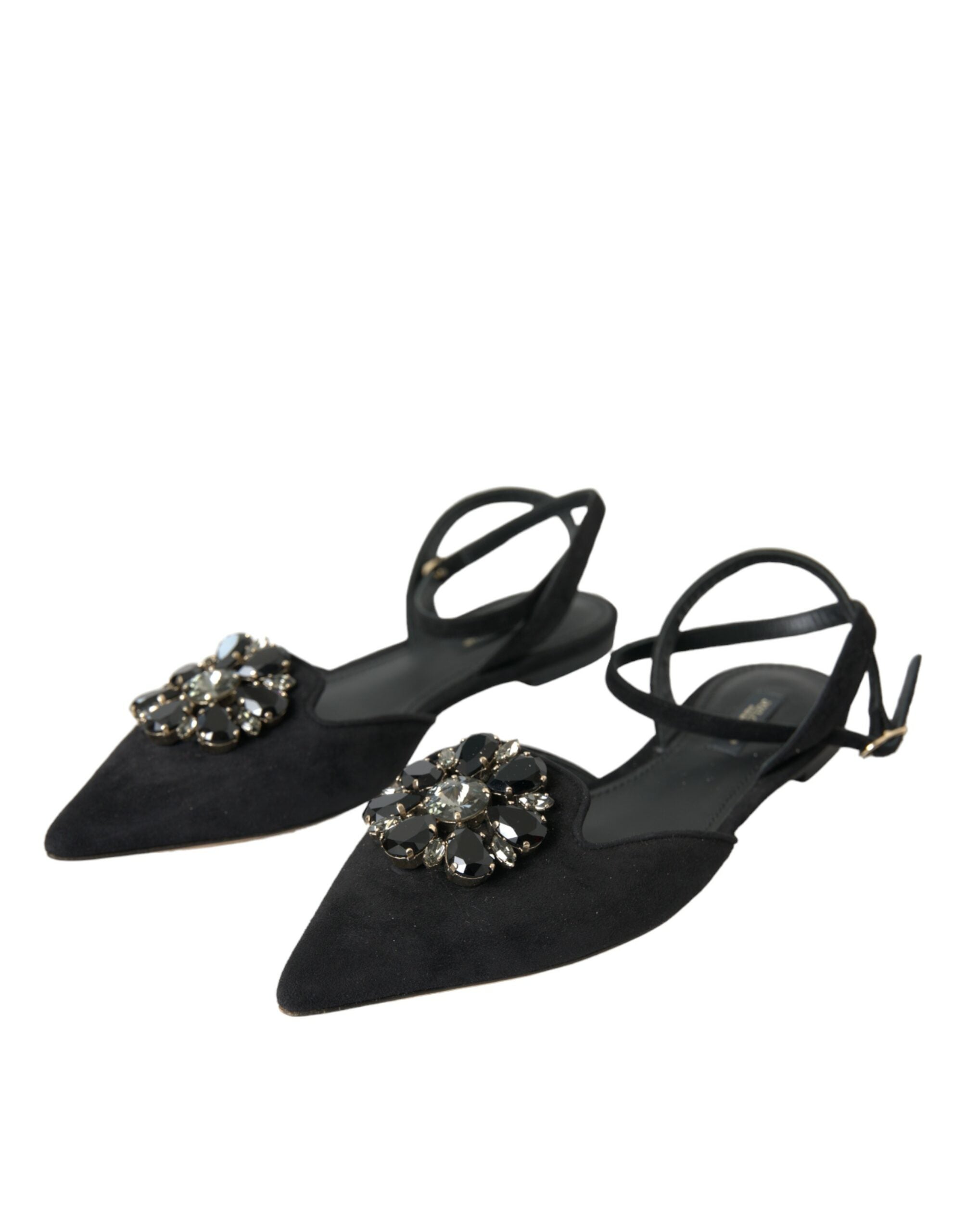 Black Leather Crystal Slingback Sandals Shoes - ventzia
