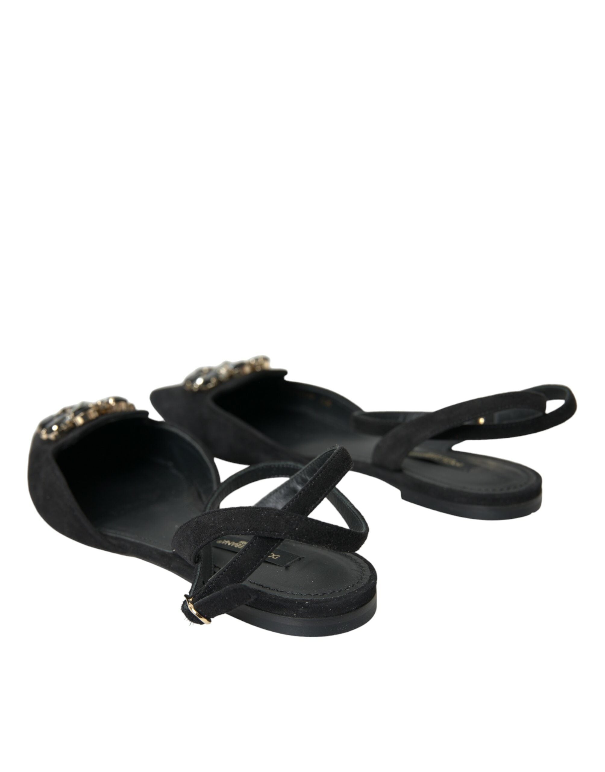 Black Leather Crystal Slingback Sandals Shoes - ventzia
