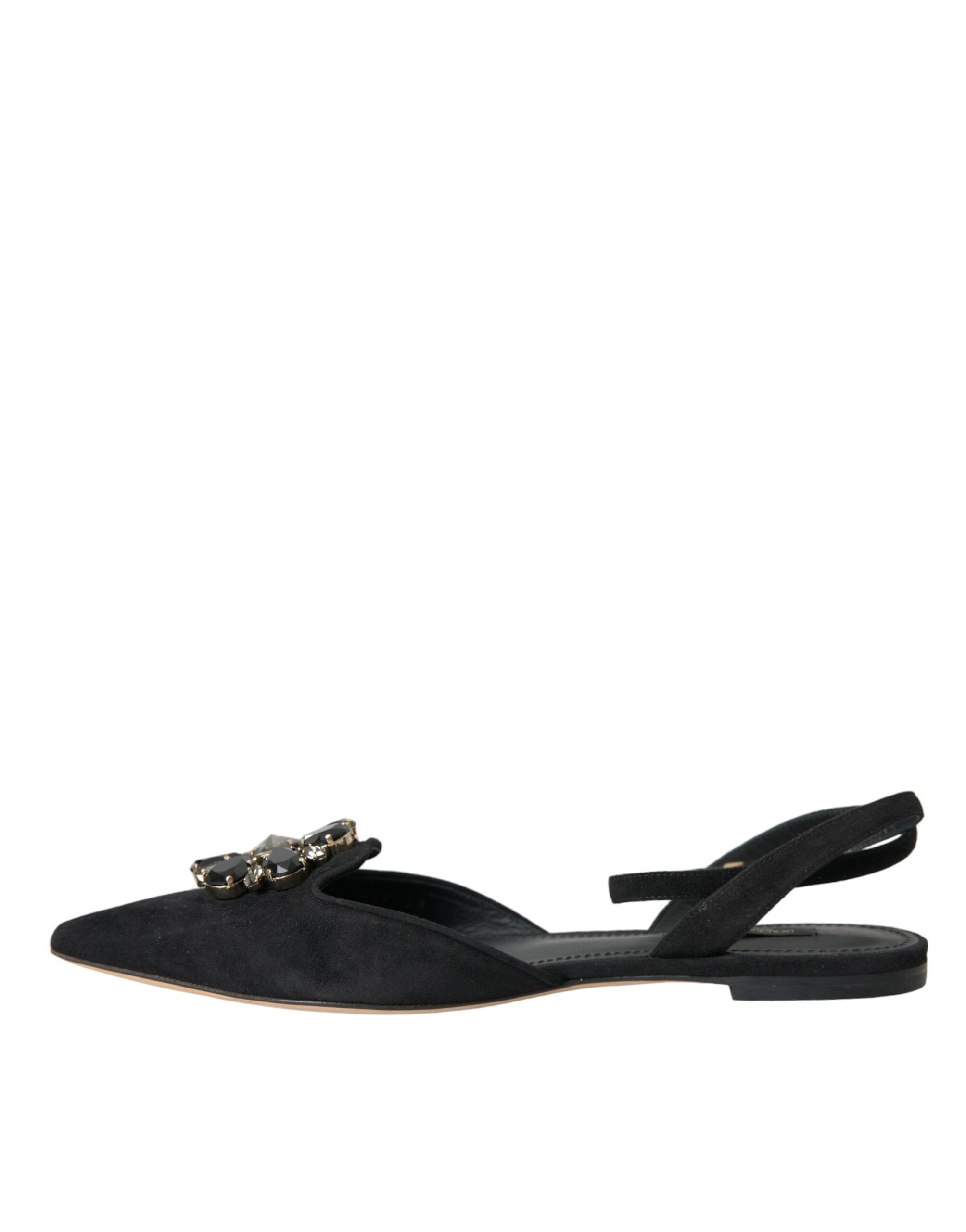 Black Leather Crystal Slingback Sandals Shoes - ventzia