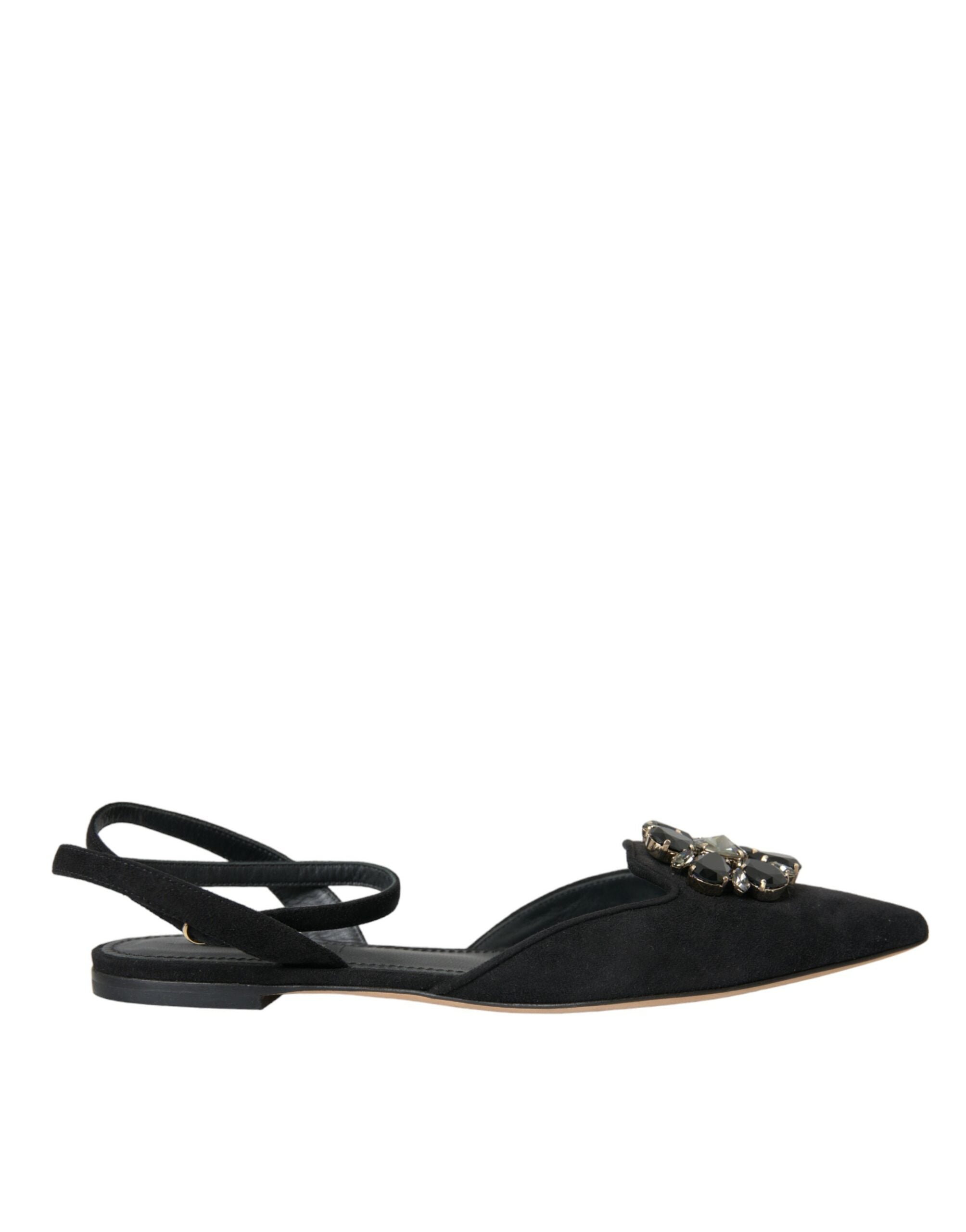 Black Leather Crystal Slingback Sandals Shoes - ventzia