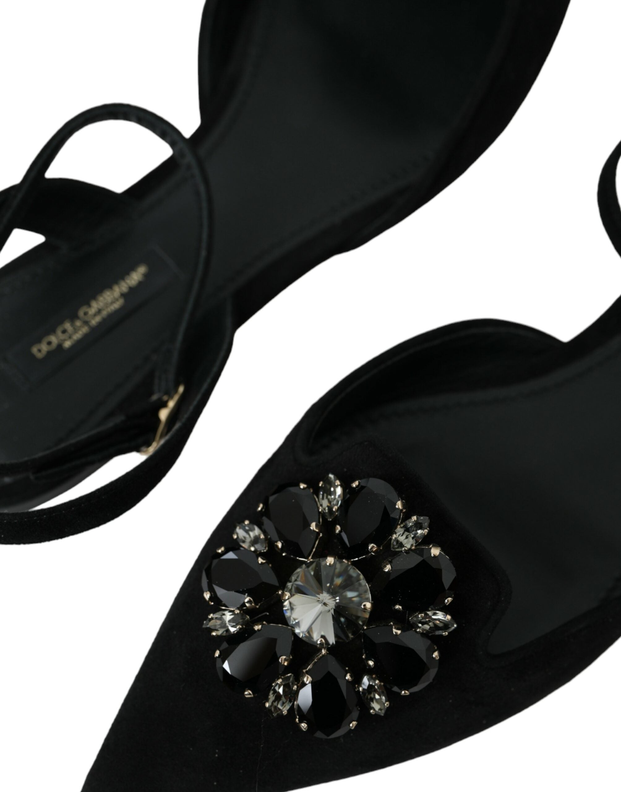 Black Leather Crystal Slingback Sandals Shoes - ventzia