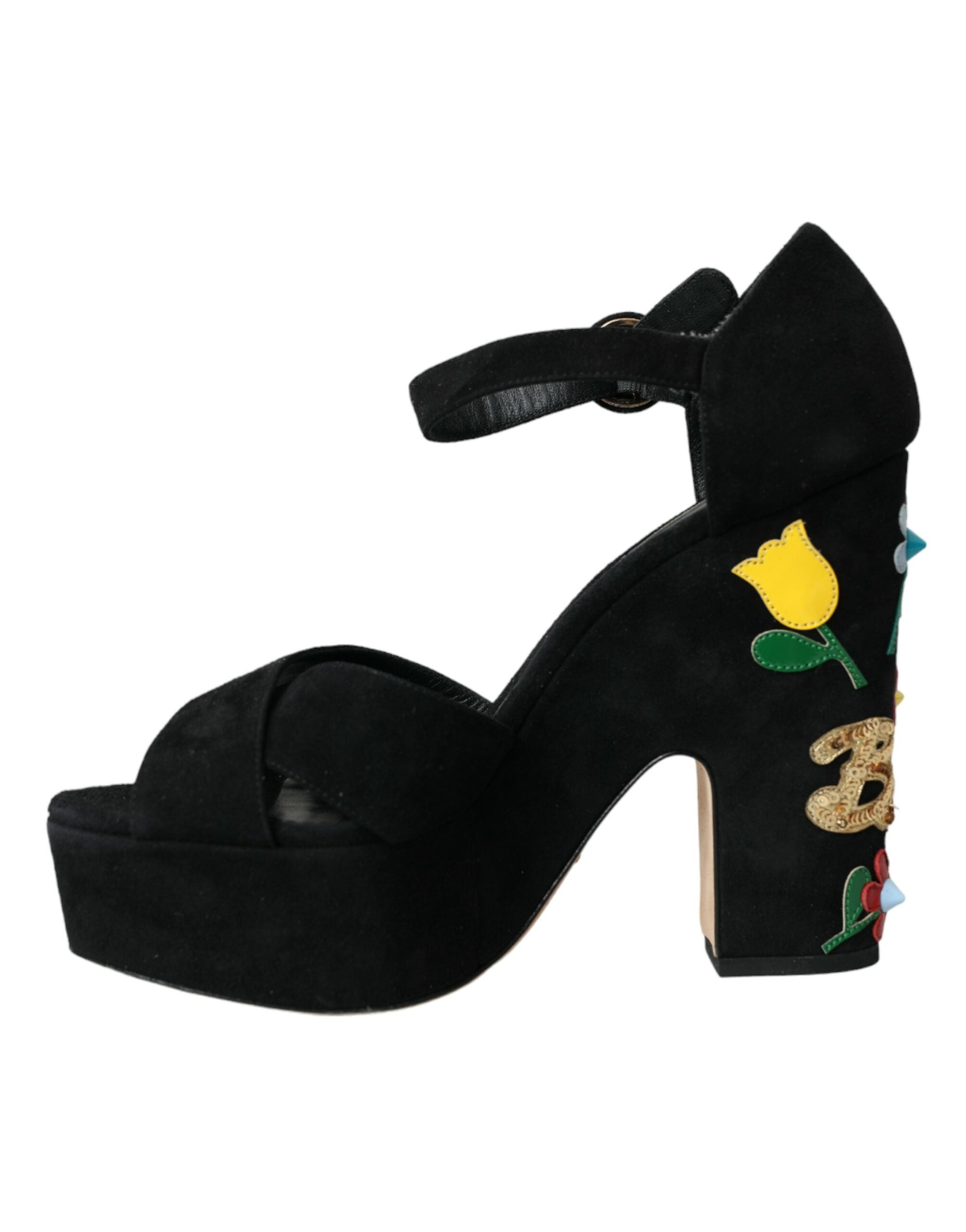 Black Floral Ankle Strap Heels Sandals Shoes - ventzia