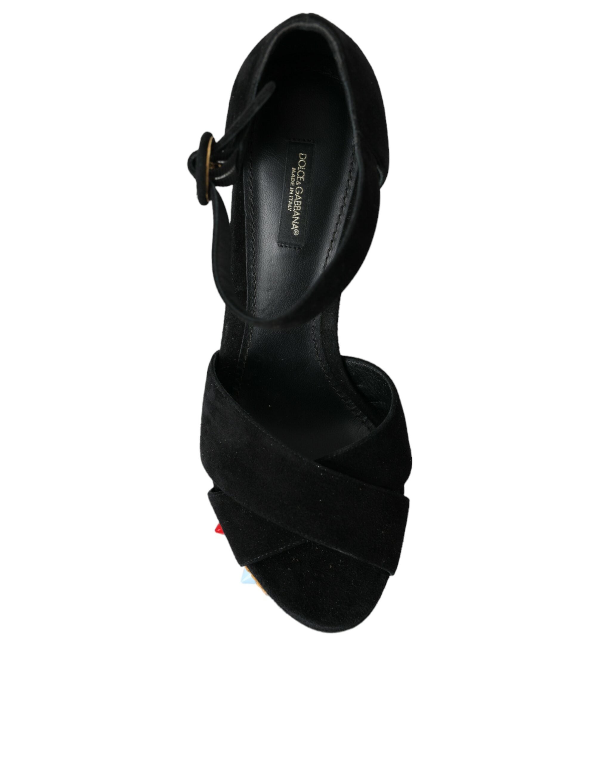 Black Floral Ankle Strap Heels Sandals Shoes - ventzia