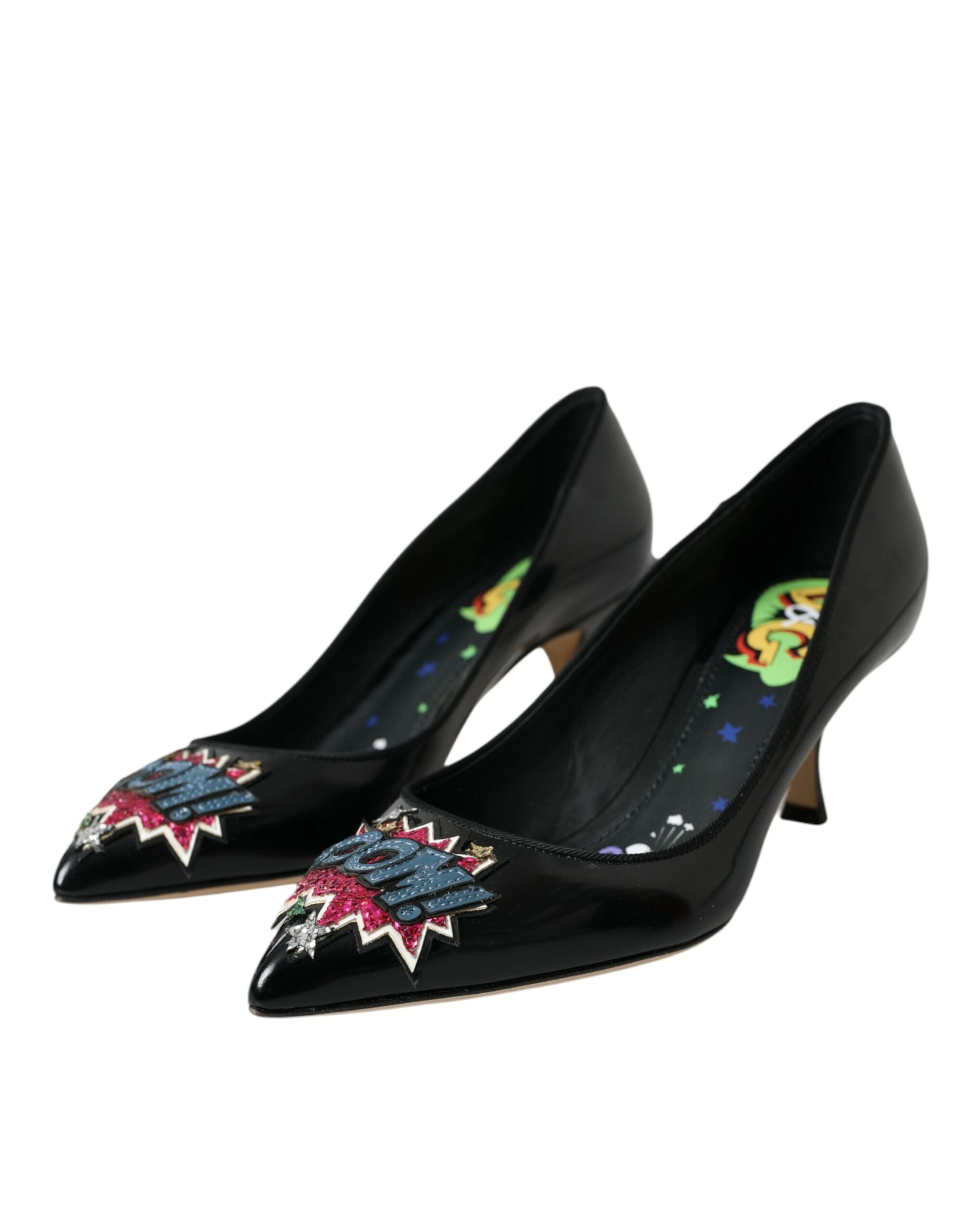 Black Leather BOOM Patch Heels Pumps Shoes - ventzia