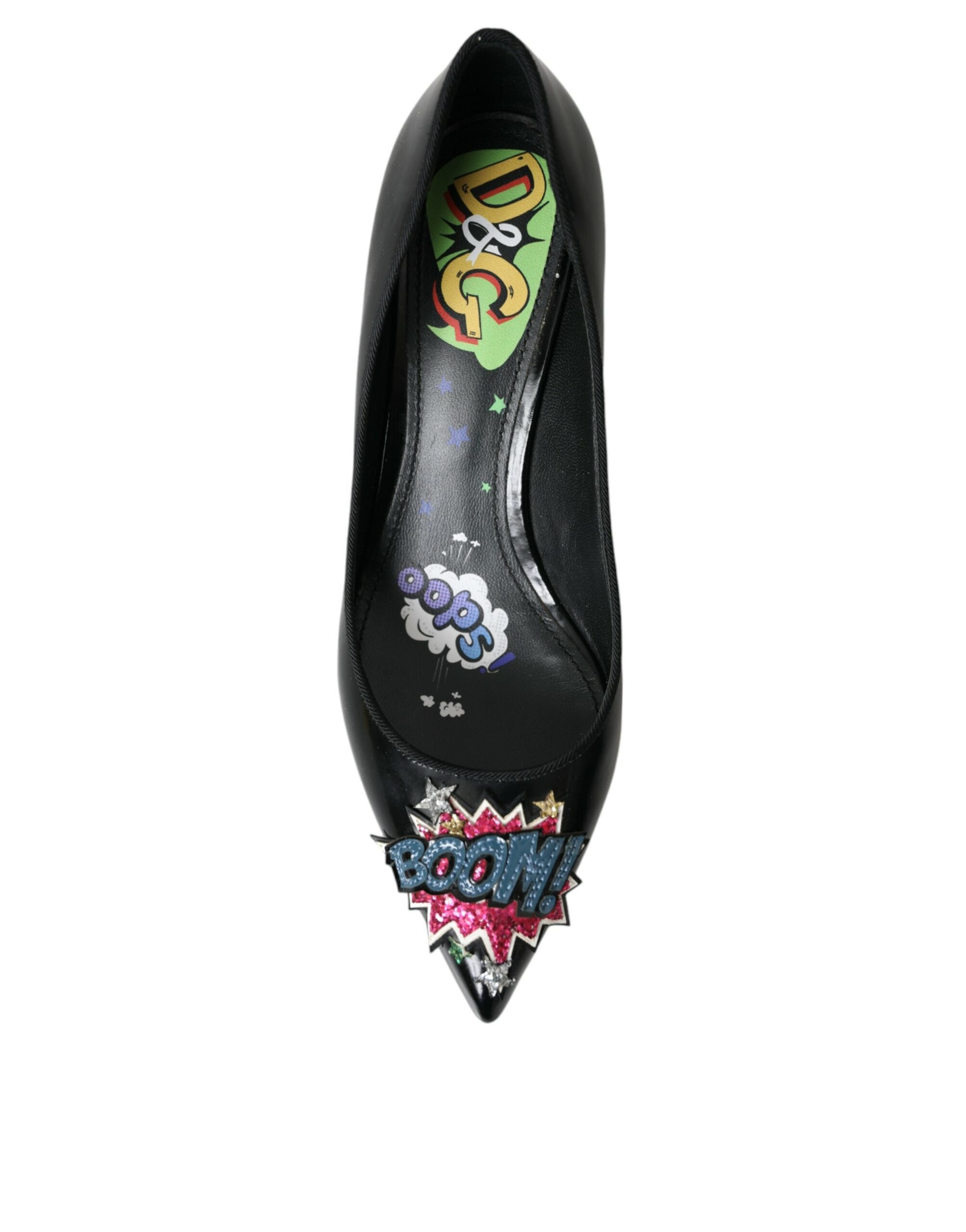 Black Leather BOOM Patch Heels Pumps Shoes - ventzia