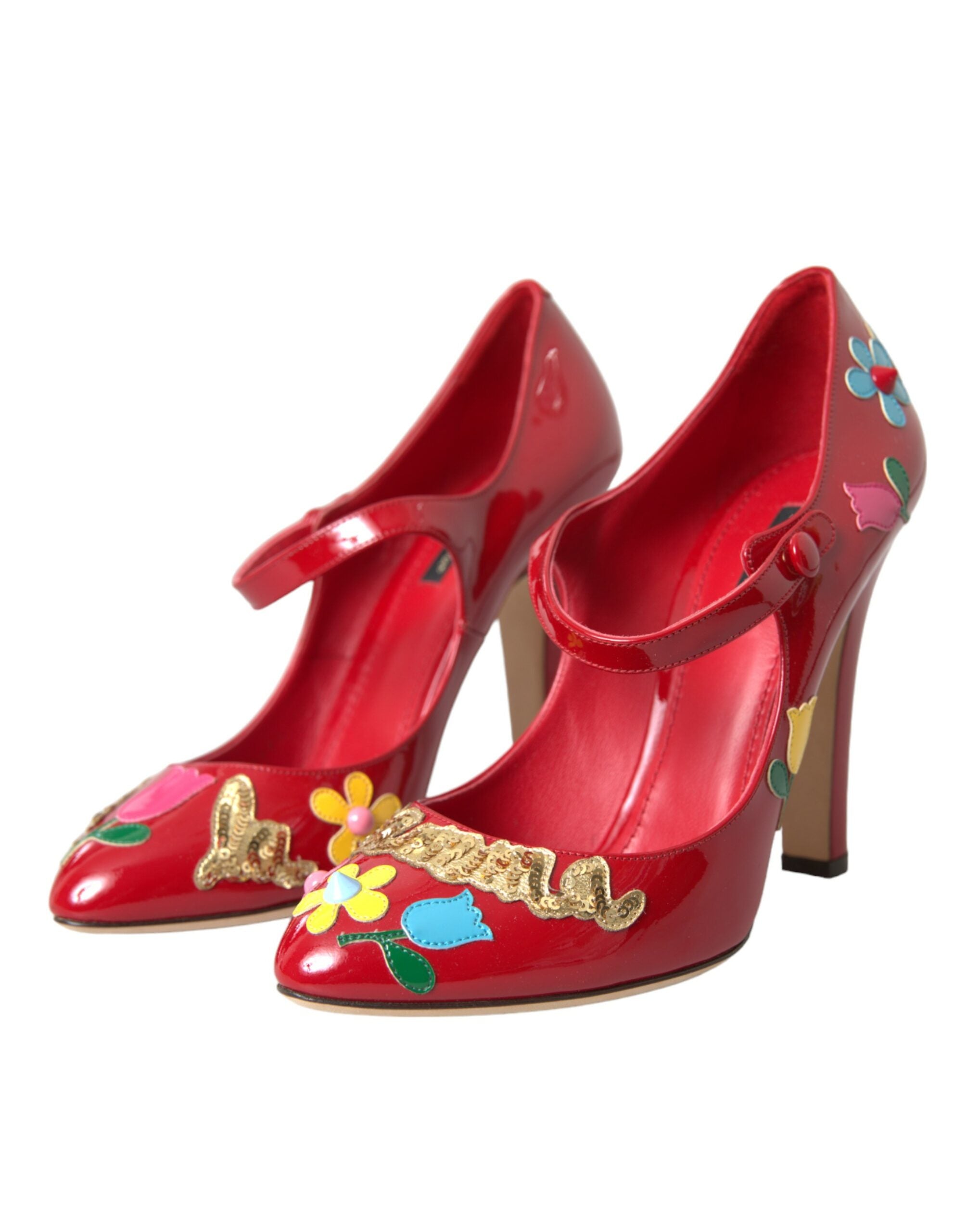 Red Leather Embellished Mary Jane Pumps Heels Shoes - ventzia