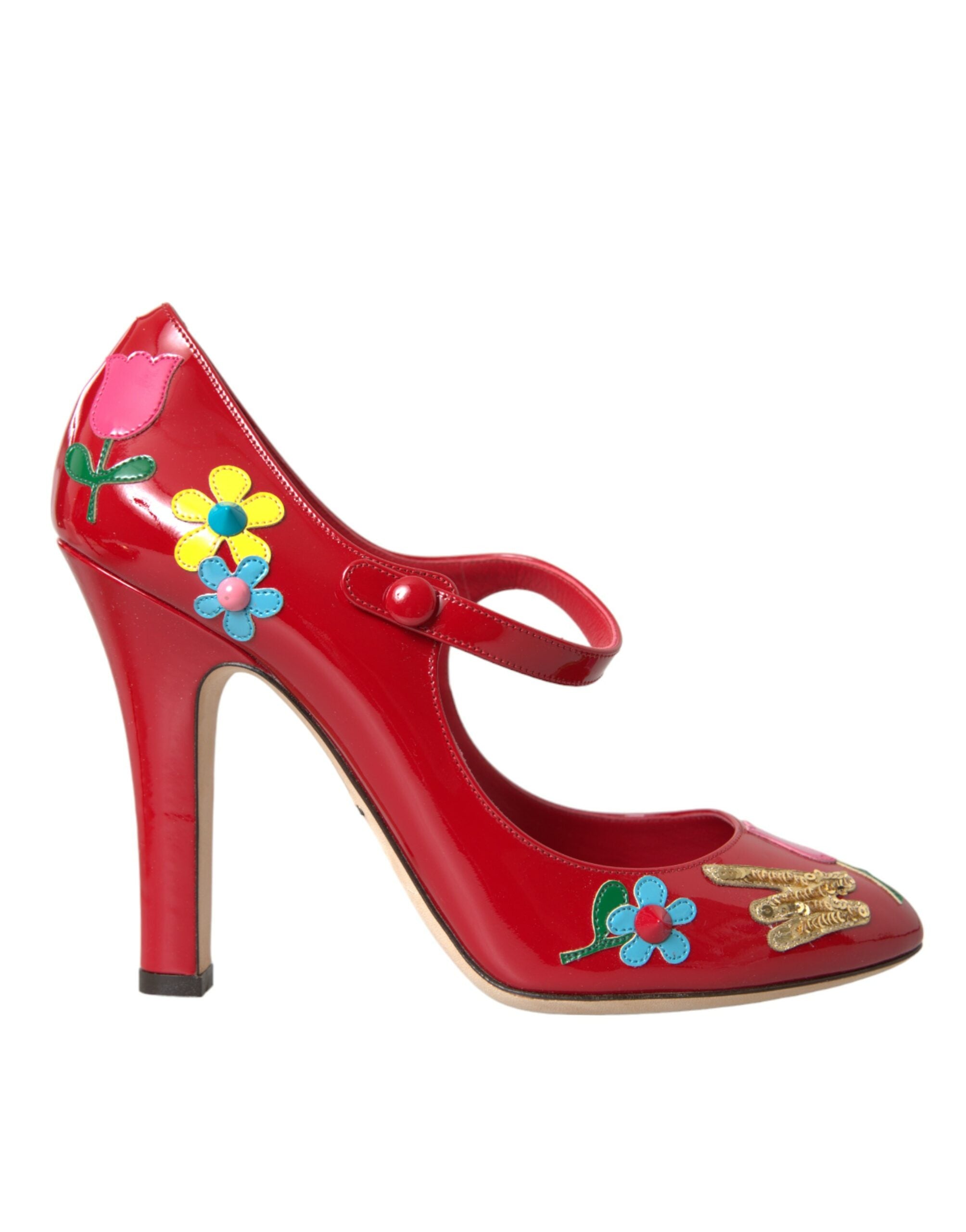 Red Leather Embellished Mary Jane Pumps Heels Shoes - ventzia