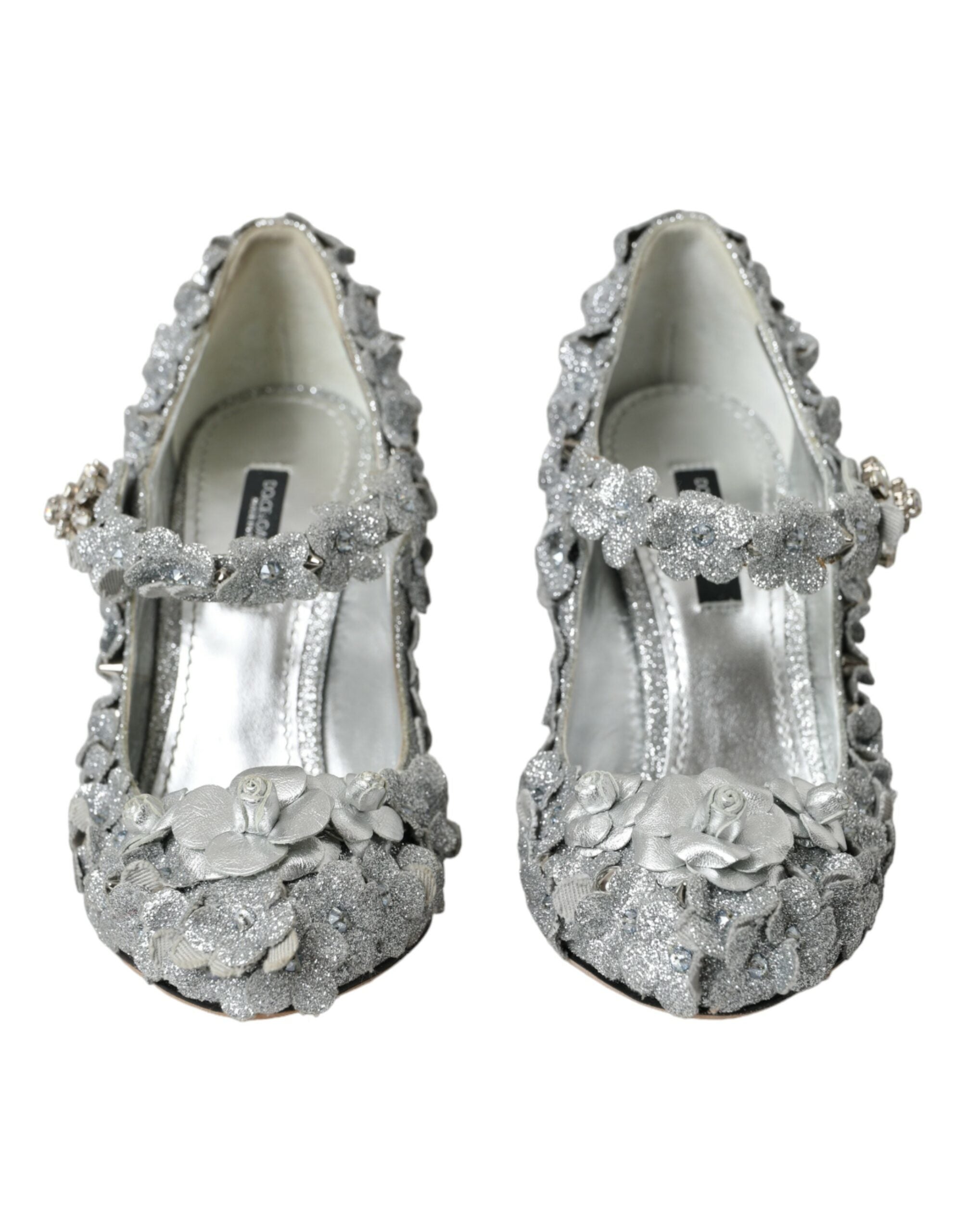 Silver Floral Crystal Mary Jane Pumps Shoes - ventzia