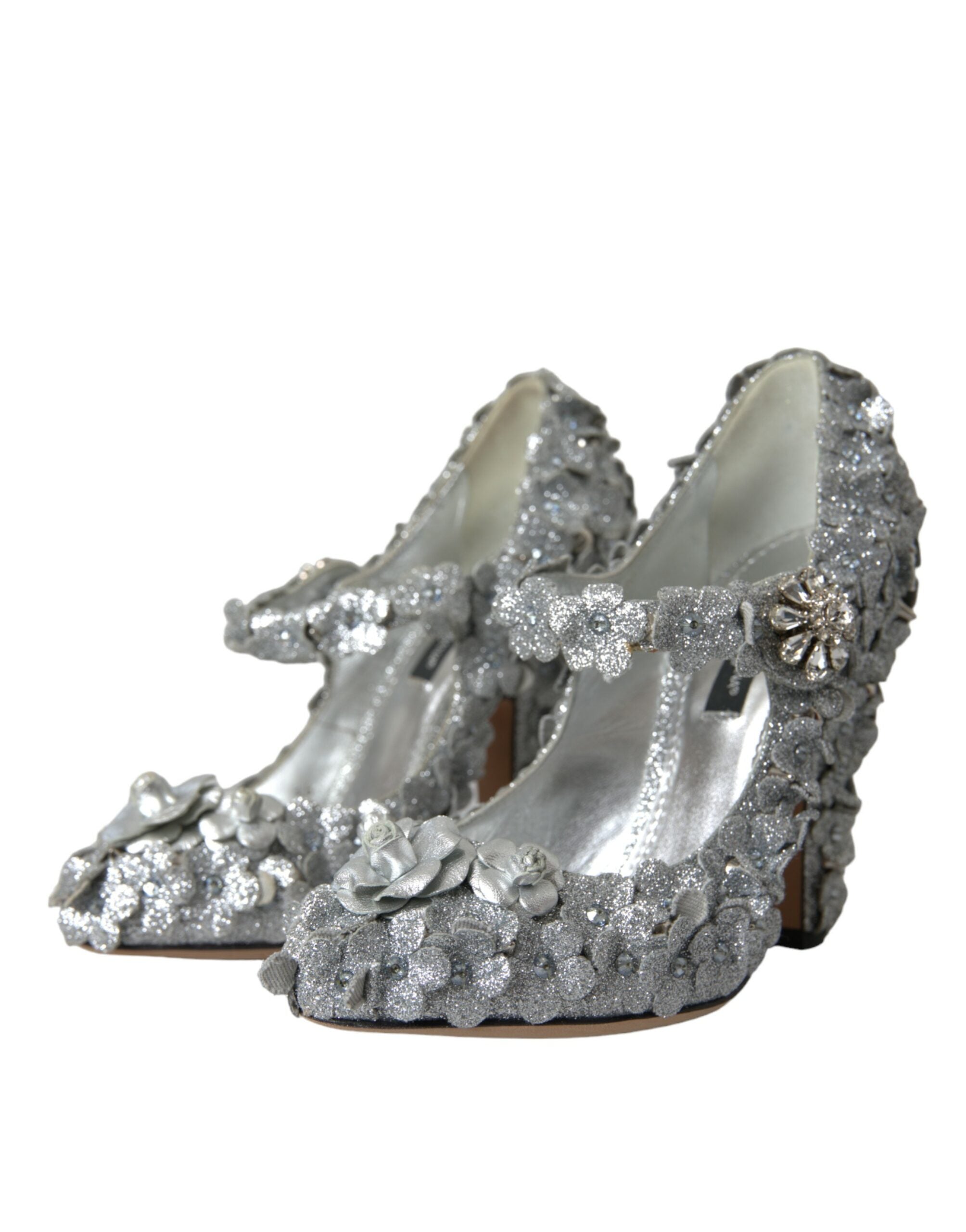 Silver Floral Crystal Mary Jane Pumps Shoes - ventzia
