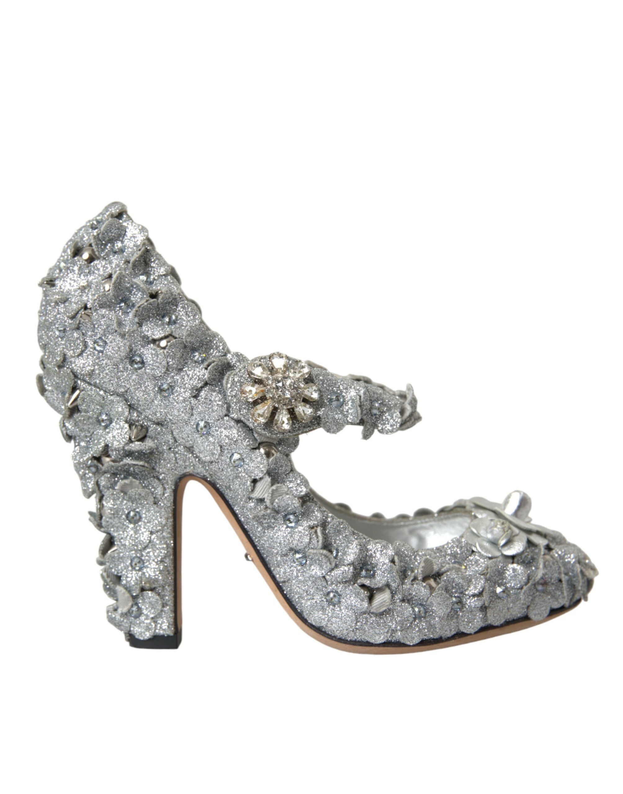 Silver Floral Crystal Mary Jane Pumps Shoes - ventzia
