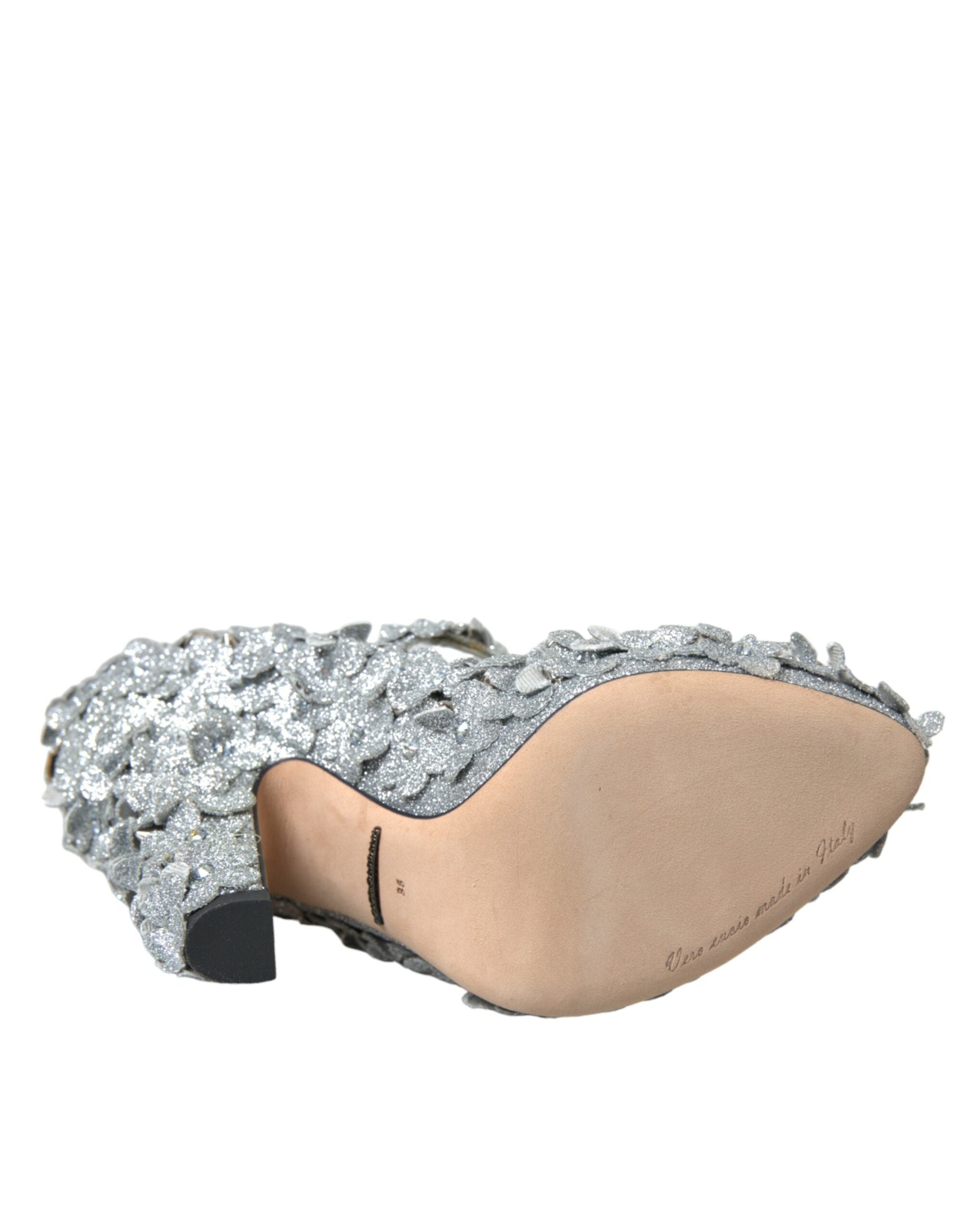 Silver Floral Crystal Mary Jane Pumps Shoes - ventzia