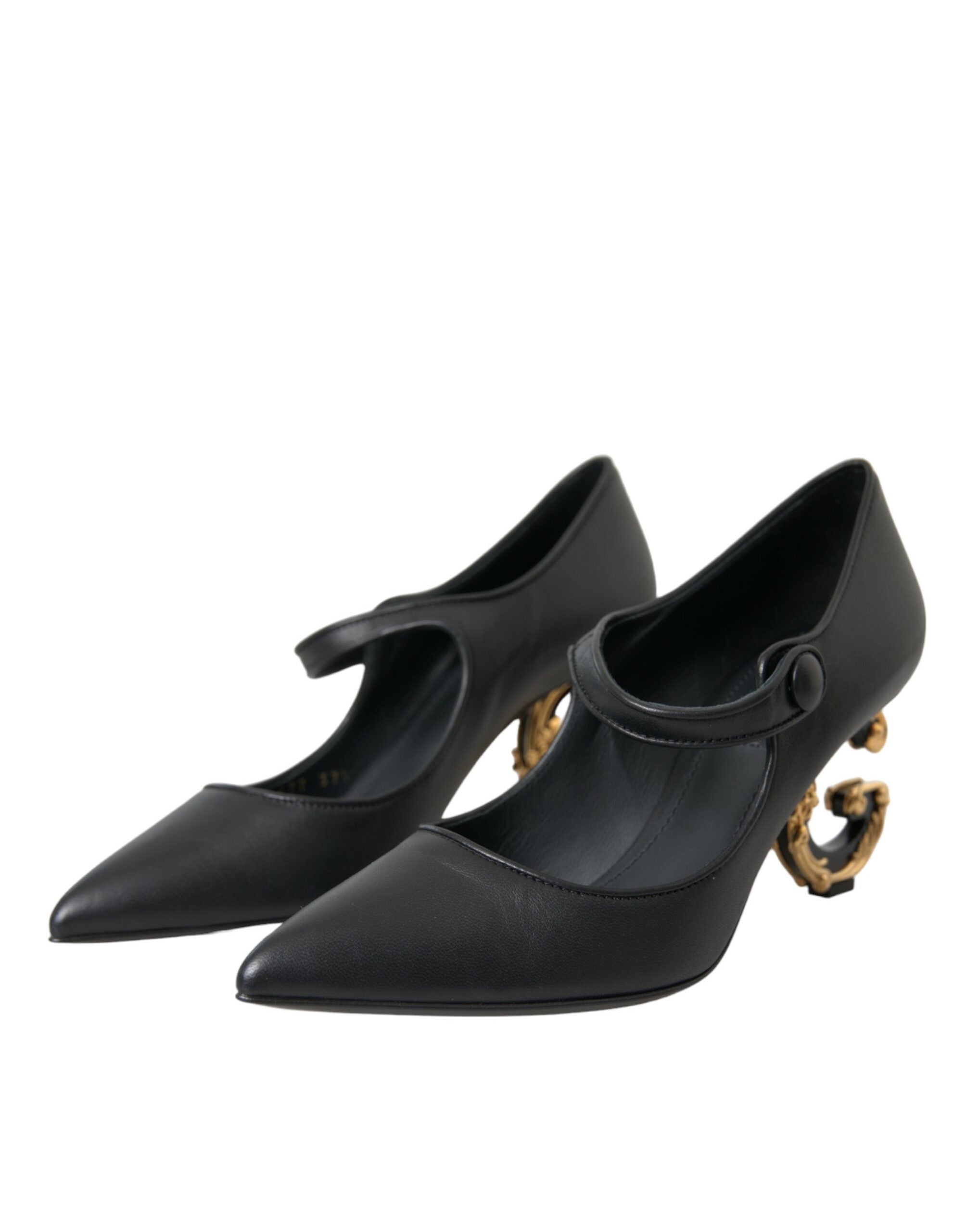 Black Leather Logo Heels Mary Janes Pumps Shoes - ventzia