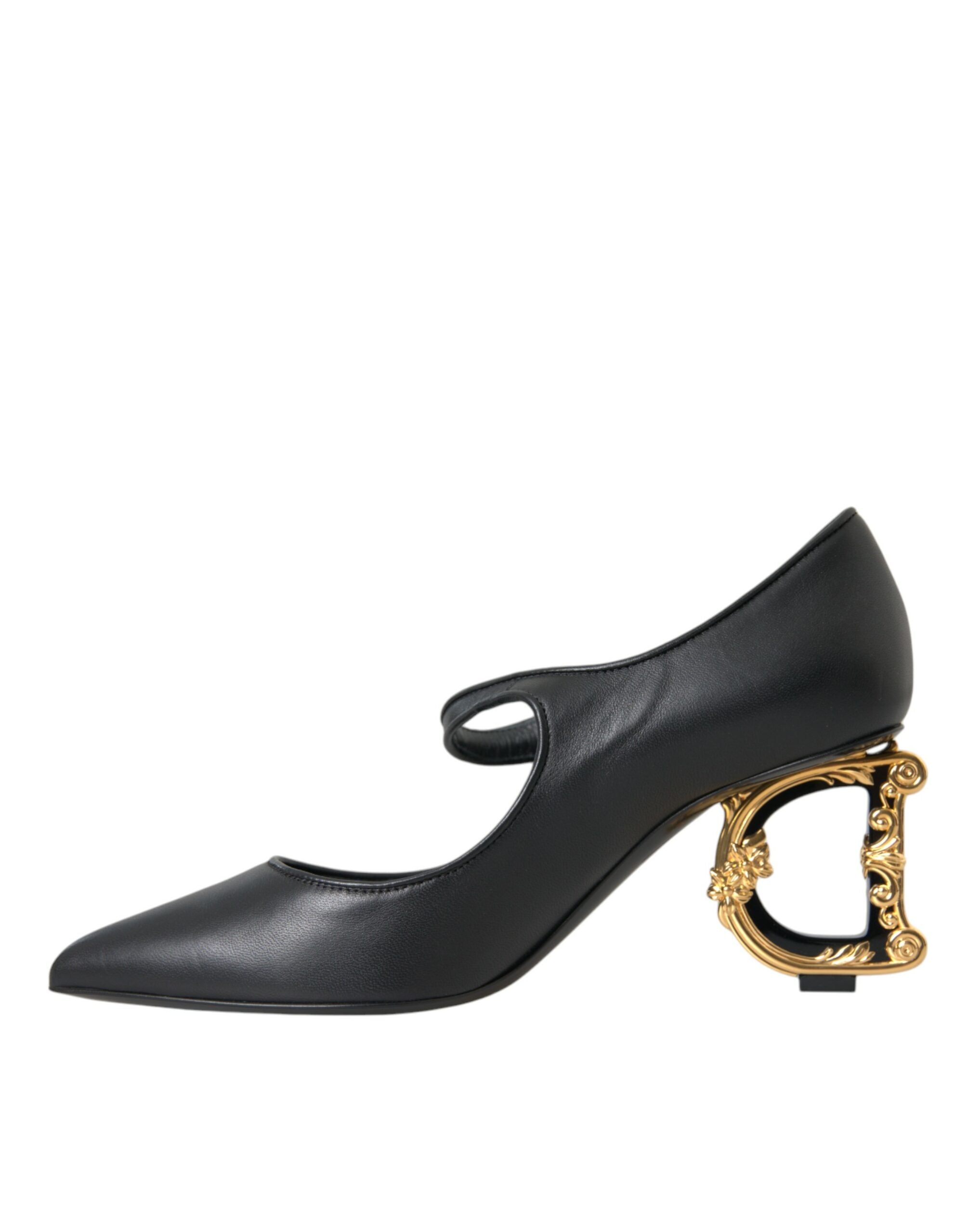 Black Leather Logo Heels Mary Janes Pumps Shoes - ventzia