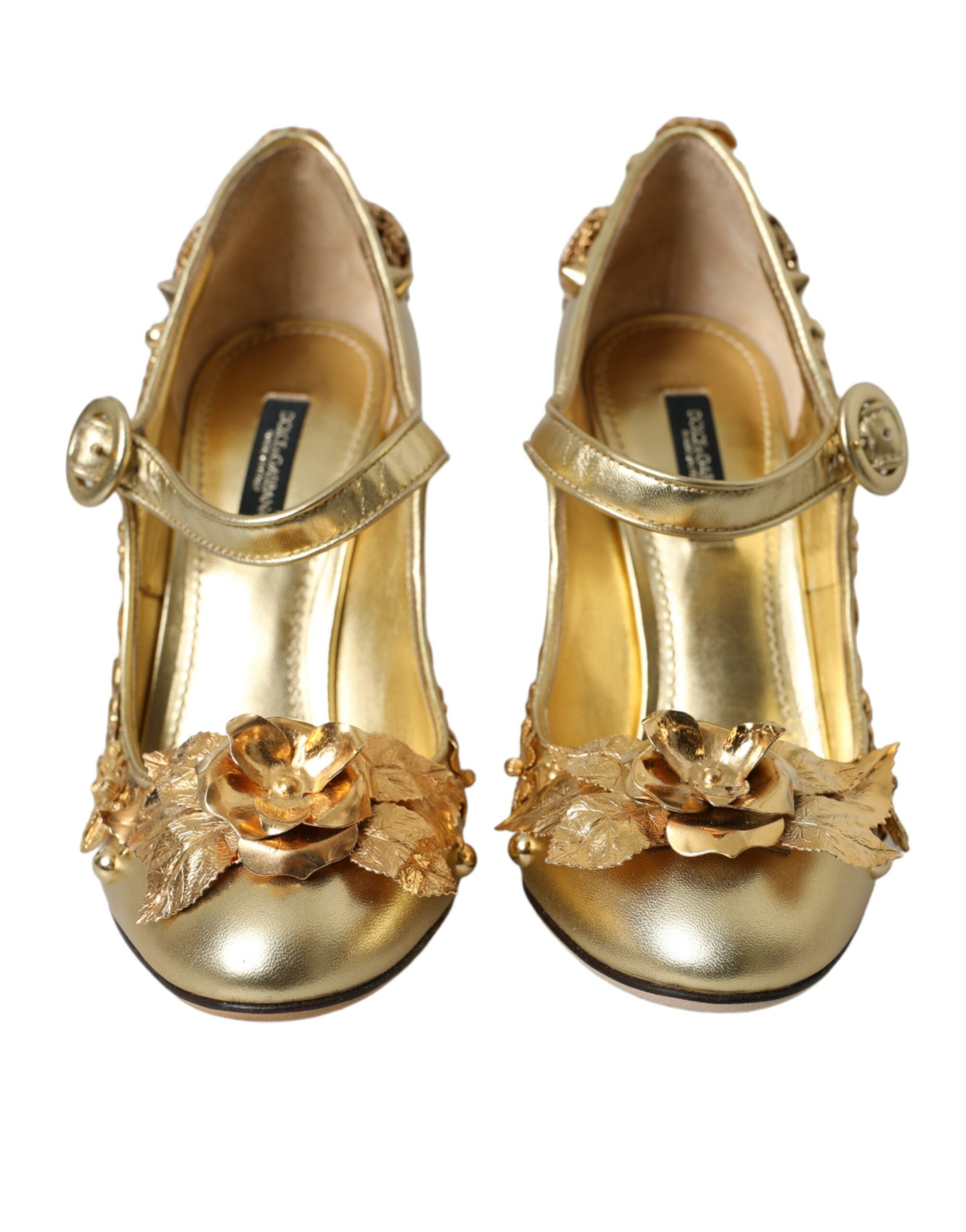 Gold Leather Crystal Mary Janes Pumps Shoes - ventzia