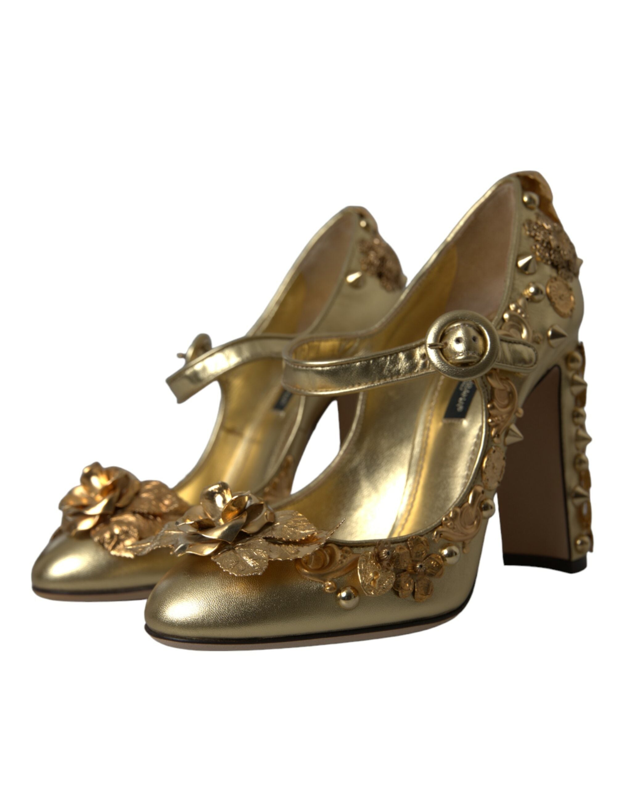 Gold Leather Crystal Mary Janes Pumps Shoes - ventzia