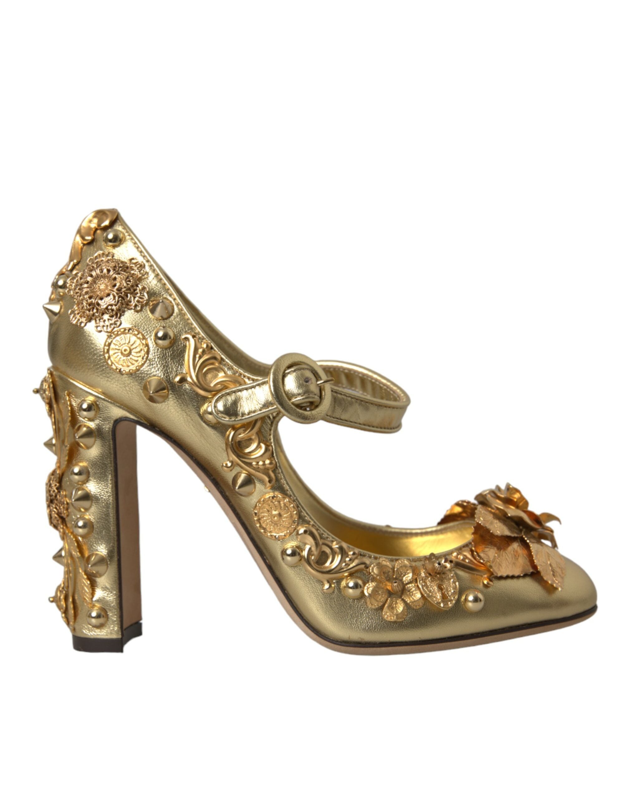 Gold Leather Crystal Mary Janes Pumps Shoes - ventzia