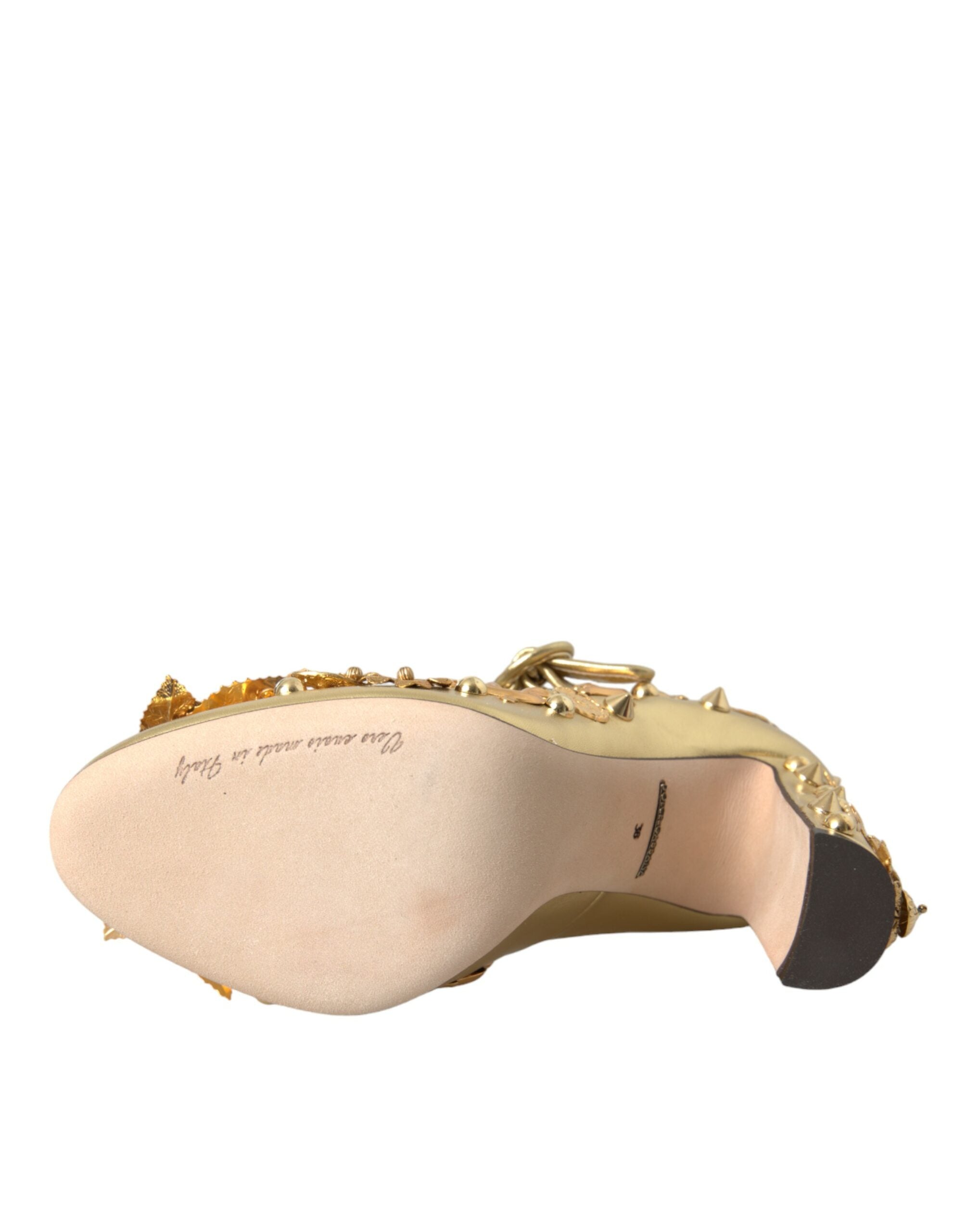 Gold Leather Crystal Mary Janes Pumps Shoes - ventzia