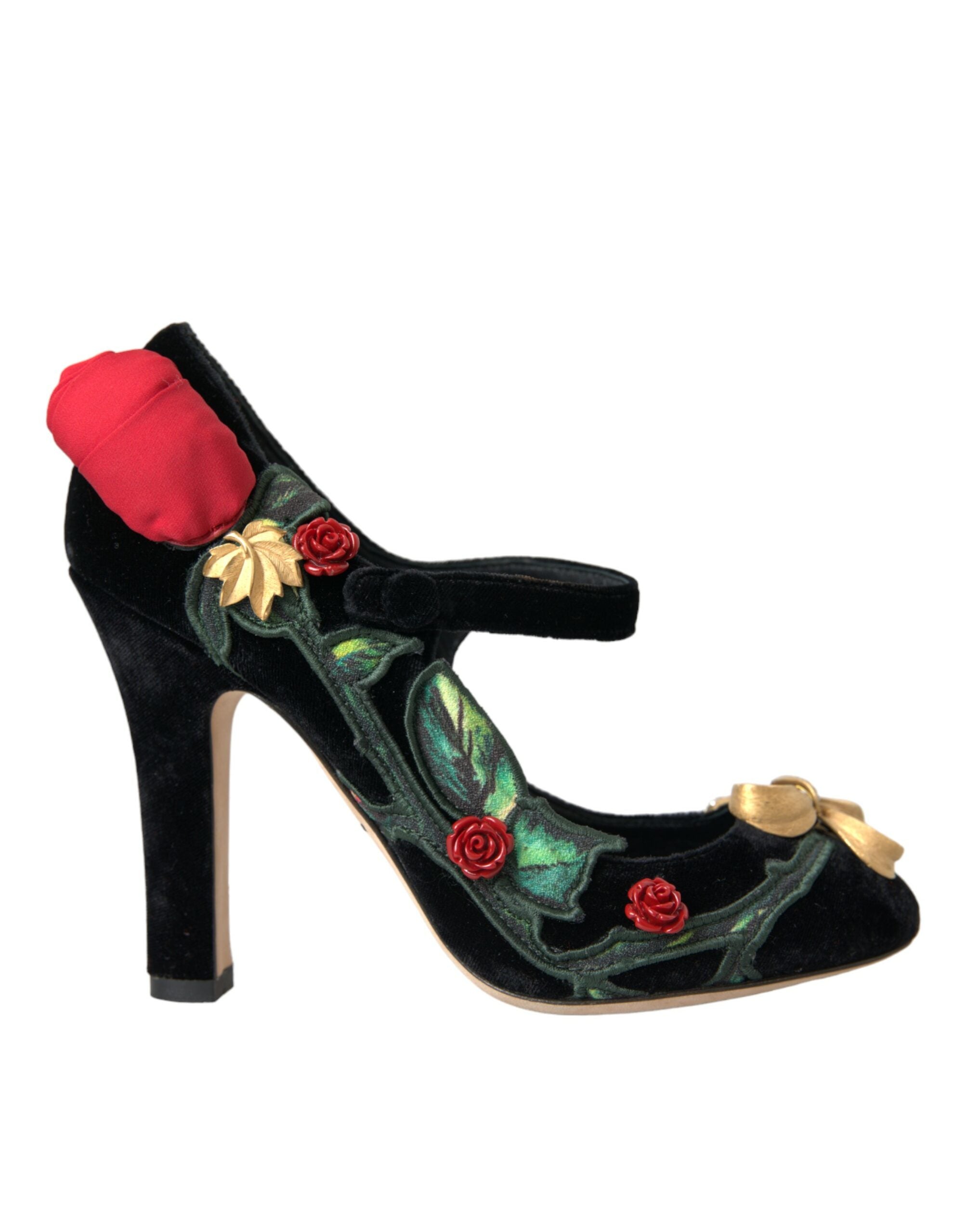 Black Roses Crystal Brooch Mary Jane Shoes - ventzia