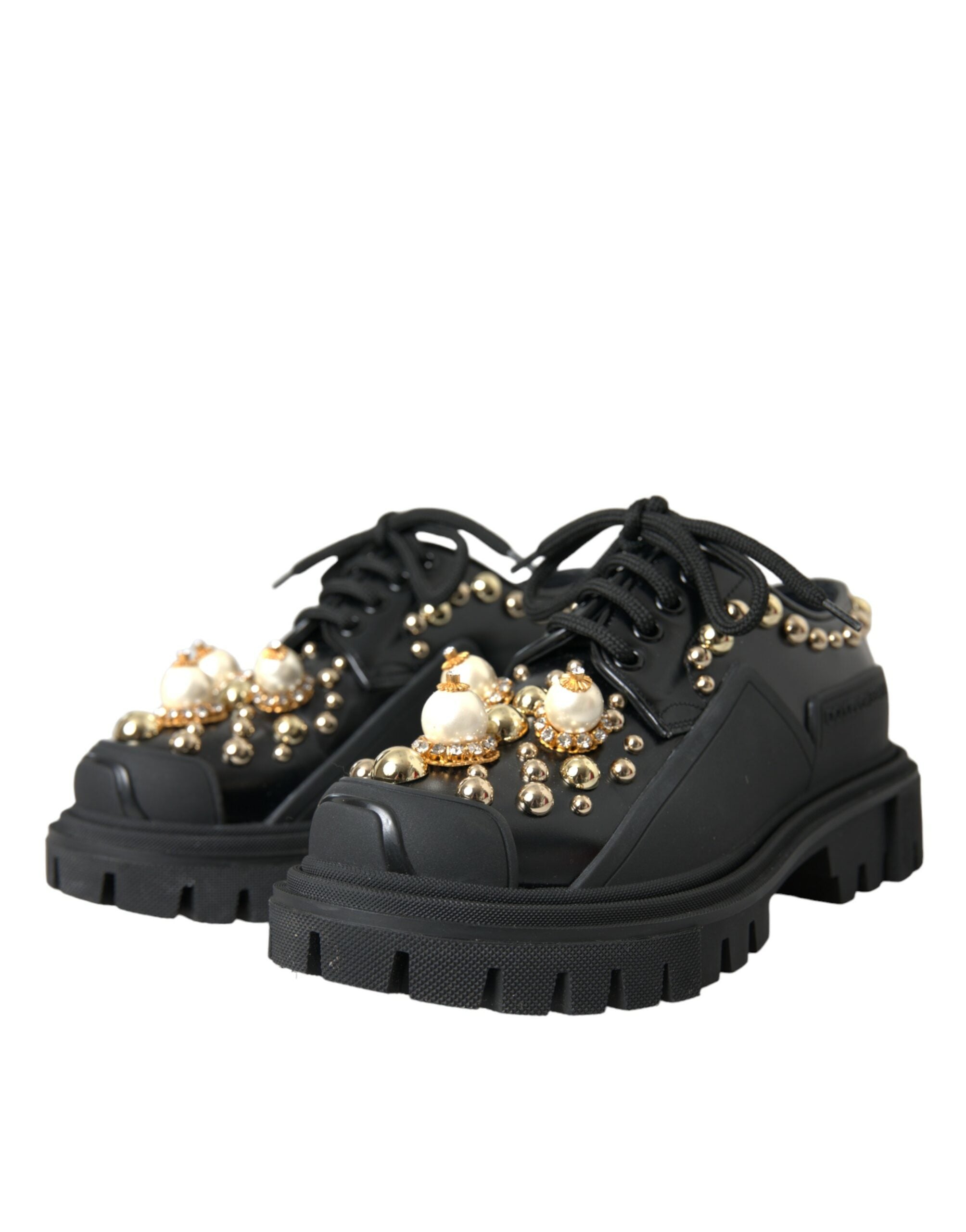 Black Leather Trekking Derby Embellished Shoes - ventzia