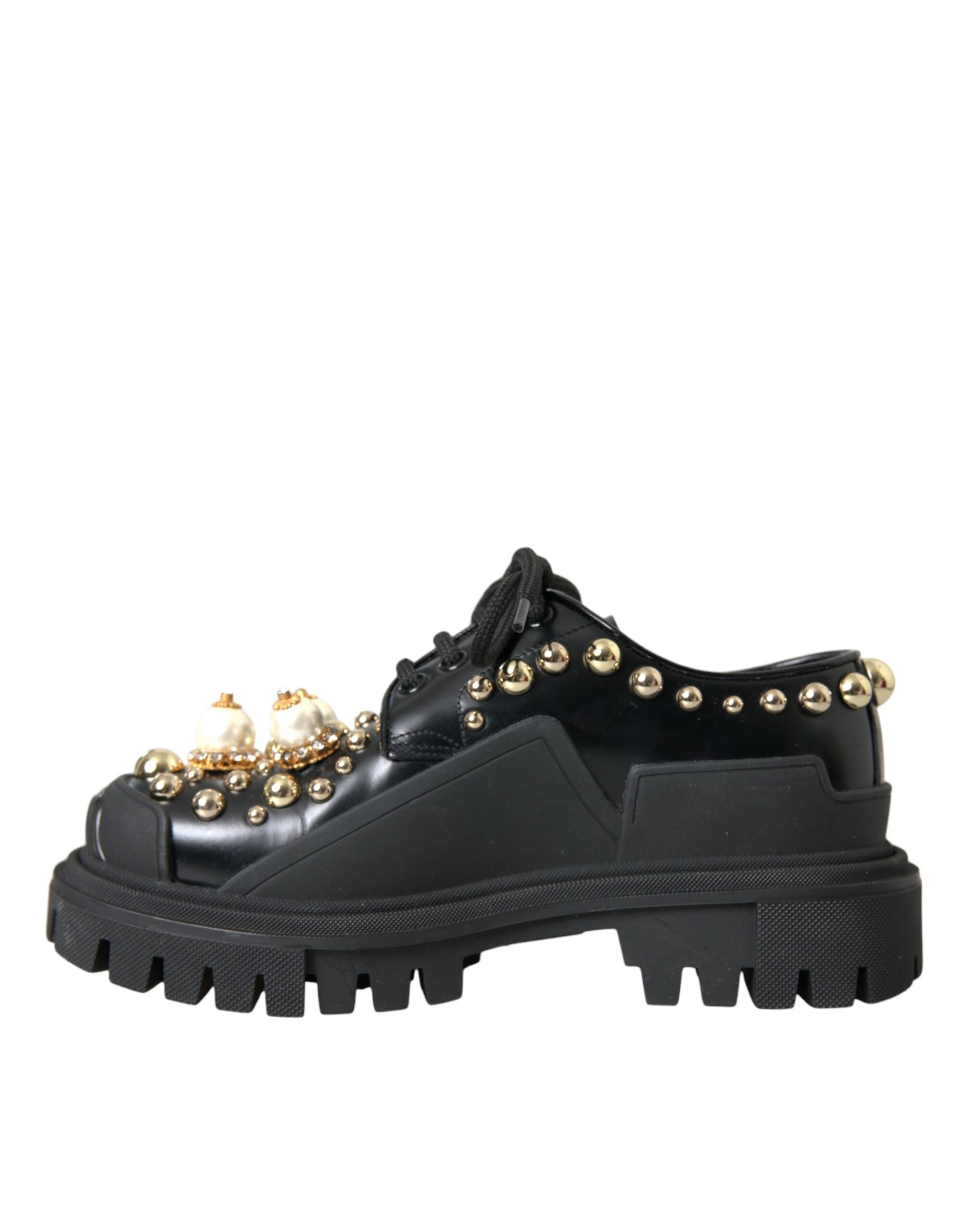 Black Leather Trekking Derby Embellished Shoes - ventzia