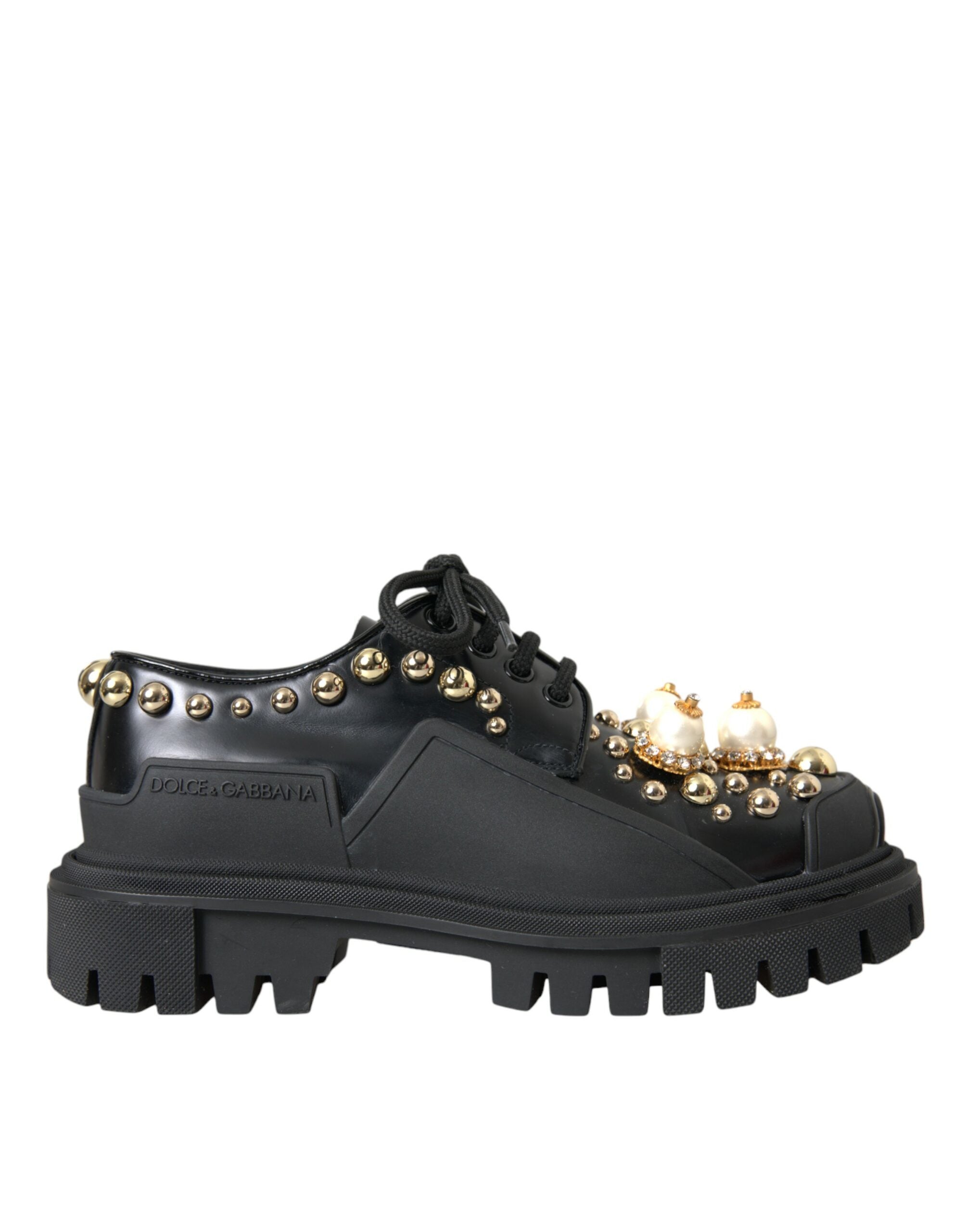 Black Leather Trekking Derby Embellished Shoes - ventzia