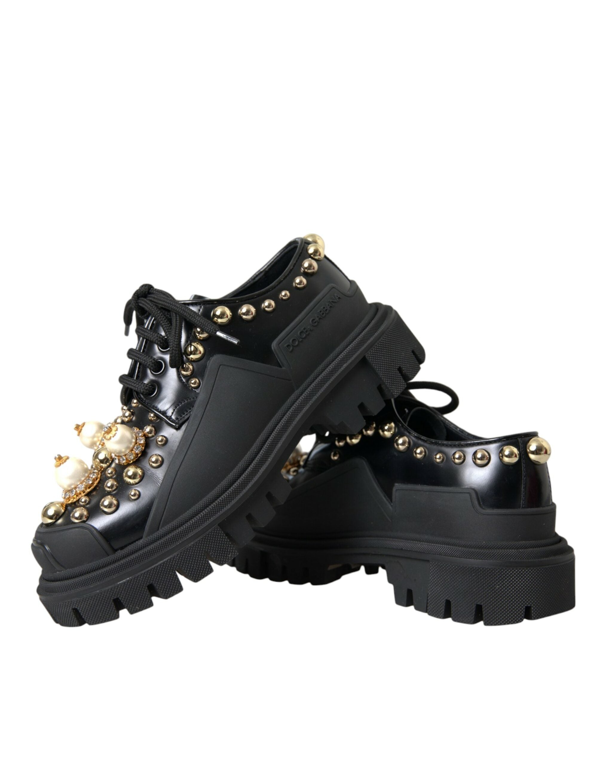 Black Leather Trekking Derby Embellished Shoes - ventzia