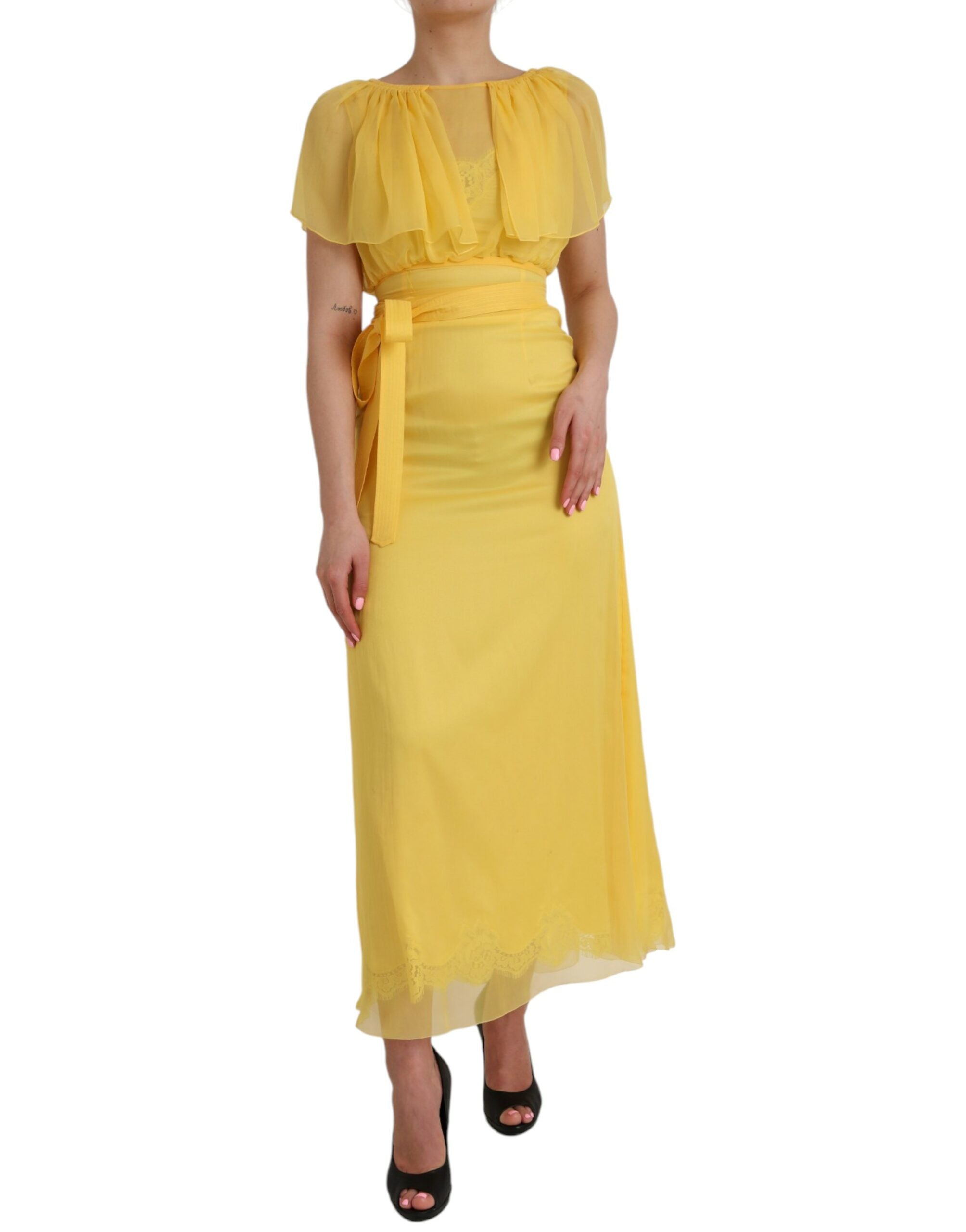 Yellow Silk Sheath Belted Long Maxi Dress - ventzia